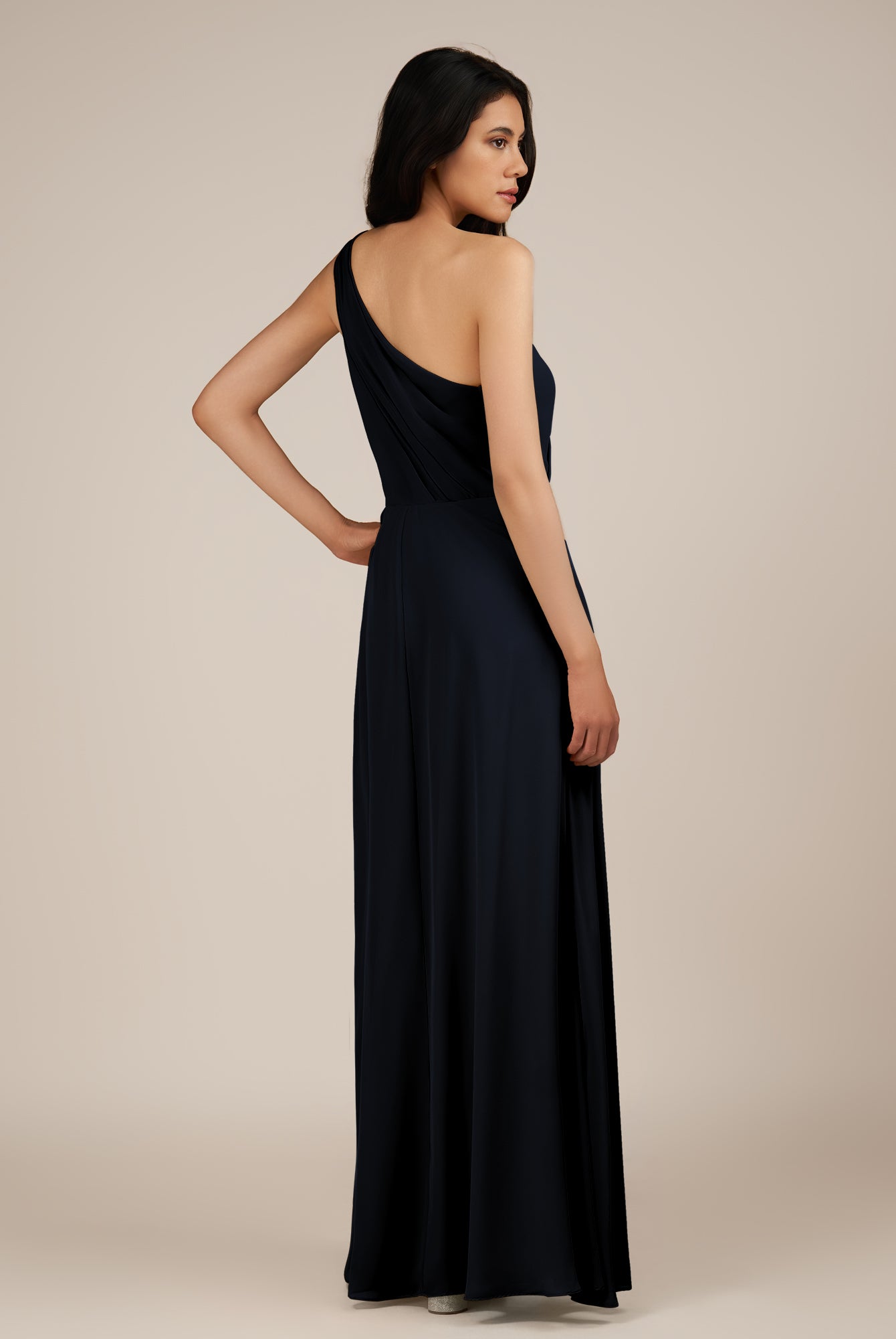 KissDress-Gaura Dark Navy A Line Chiffon One Shoulder Pleated Long Bridesmaid Dress with Slit
