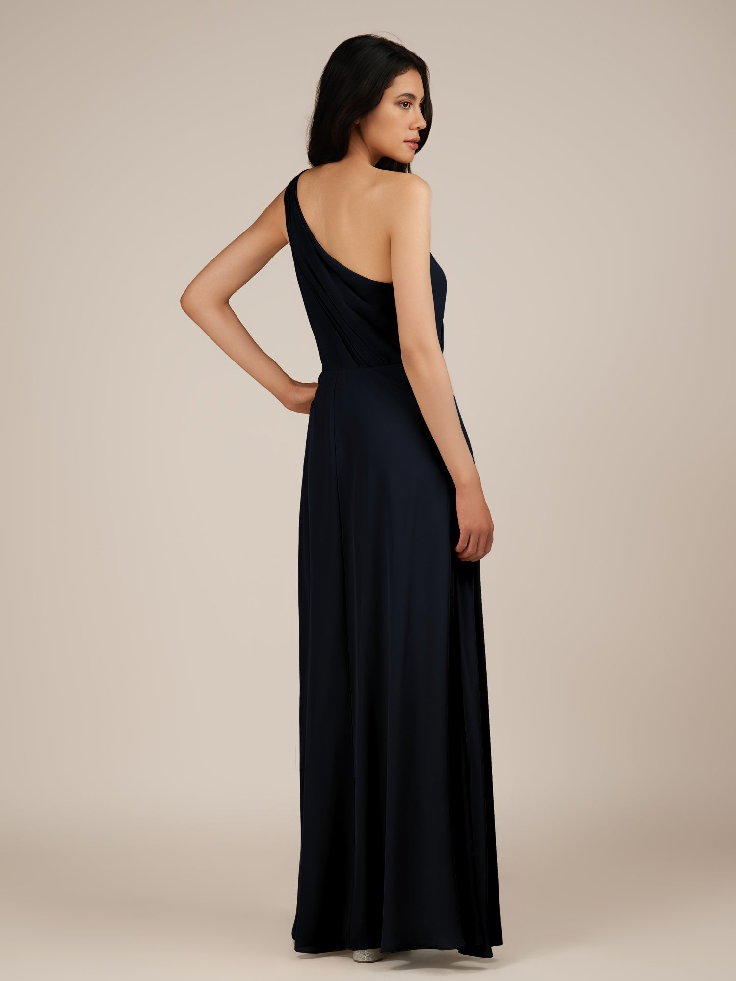 KissDress-Gaura Dark Navy A Line Chiffon One Shoulder Pleated Long Bridesmaid Dress with Slit