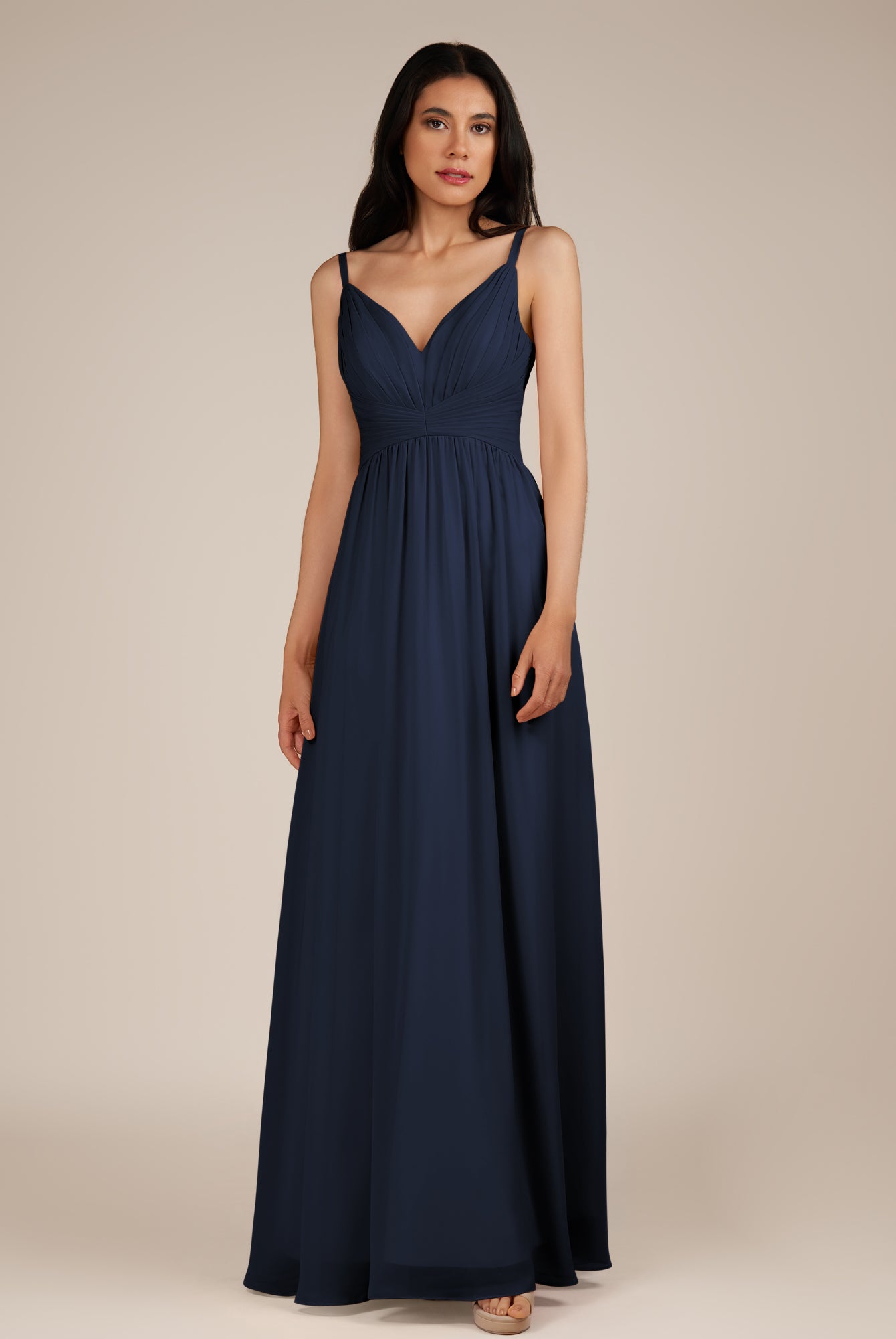 KissDress-Gaura Dark Navy A Line Chiffon One Shoulder Pleated Long Bridesmaid Dress with Slit