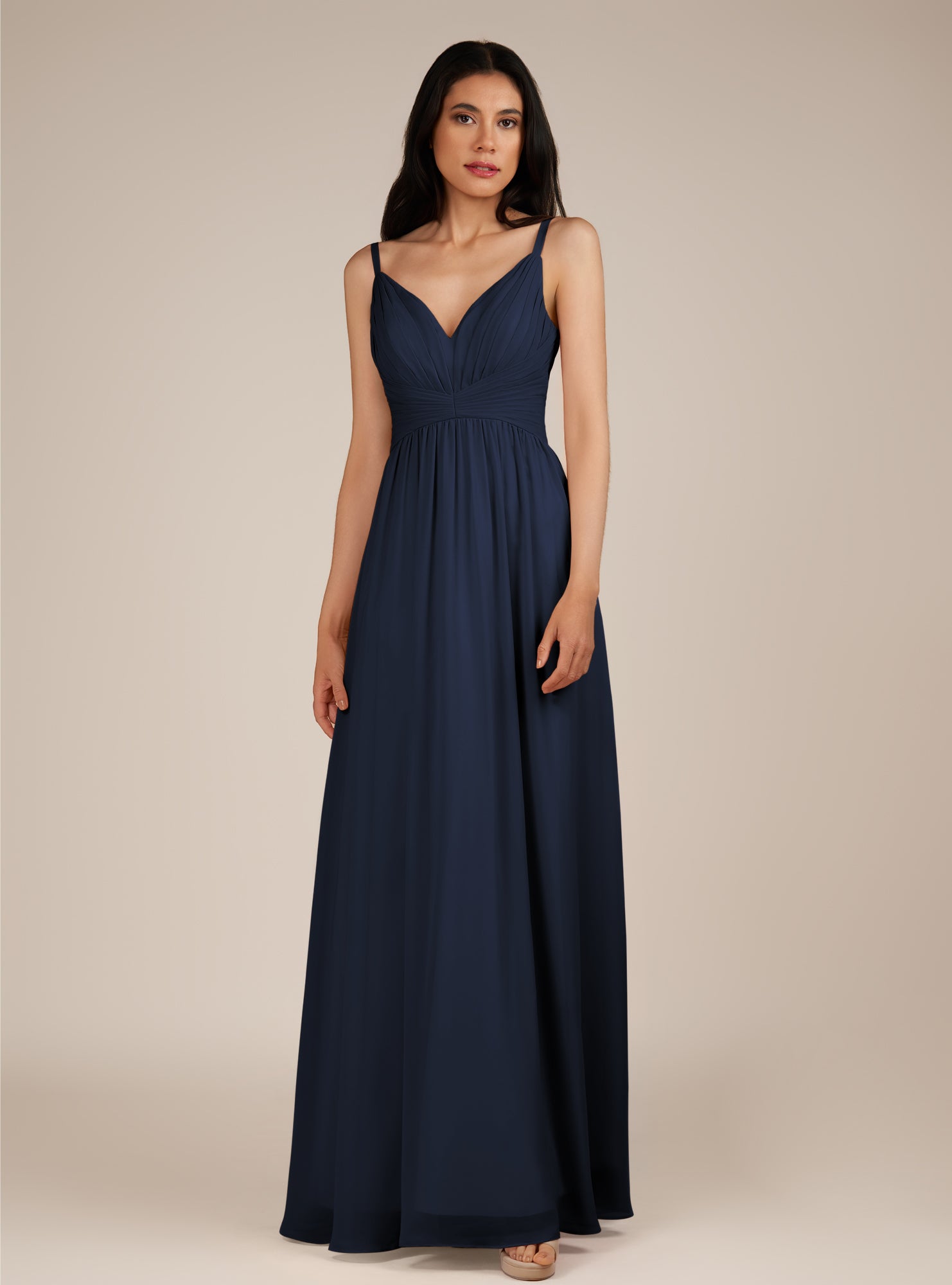 KissDress-Gaura Dark Navy A Line Chiffon One Shoulder Pleated Long Bridesmaid Dress with Slit