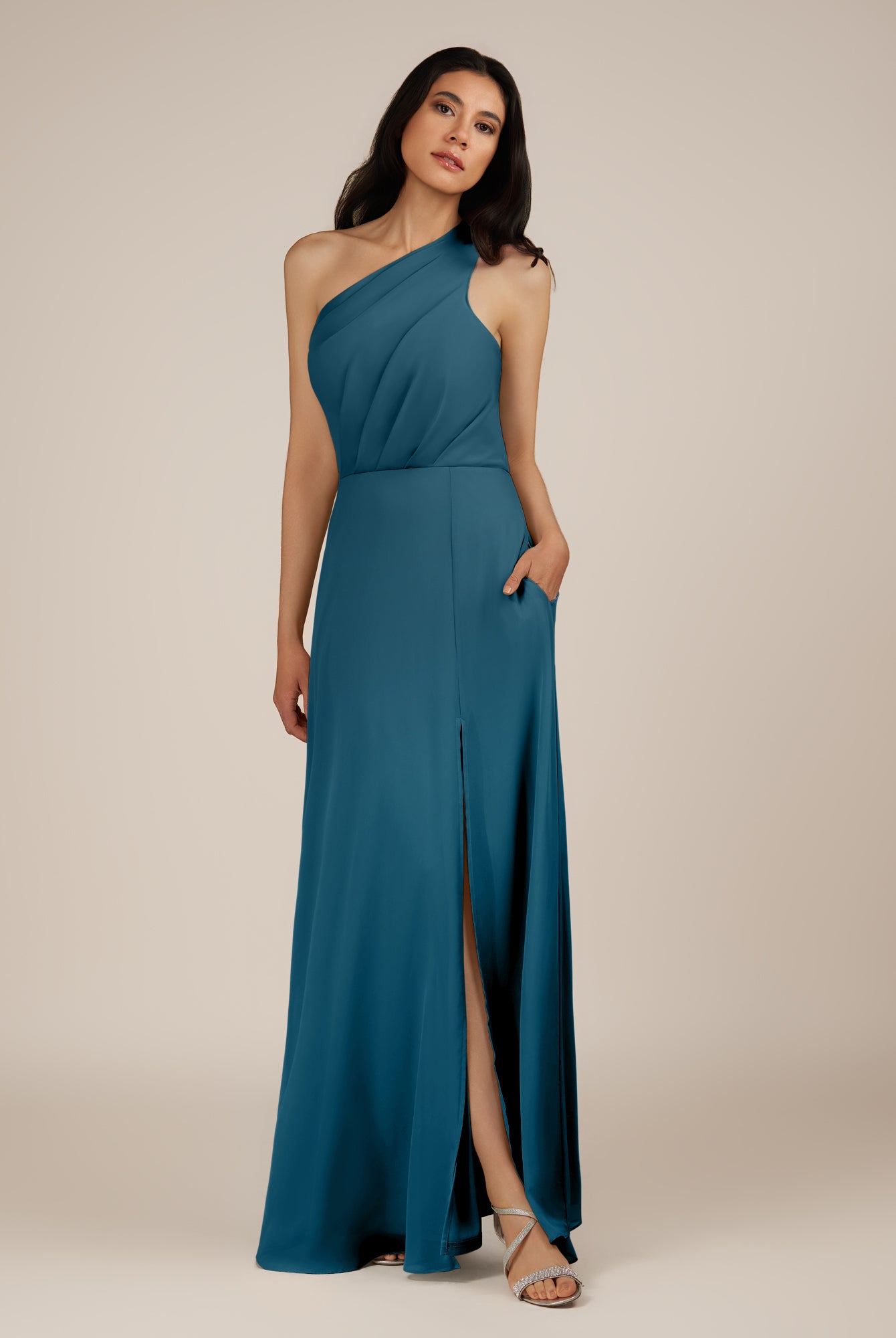KissDress-Gaura Dark Teal A Line Chiffon One Shoulder Pleated Long Bridesmaid Dress with Slit
