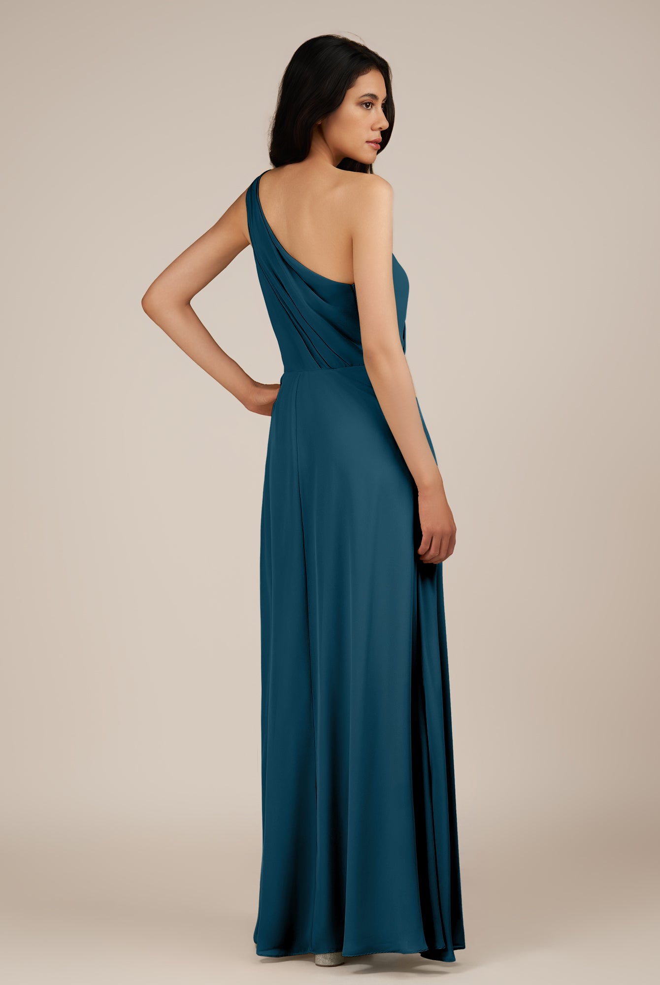 KissDress-Gaura Dark Teal A Line Chiffon One Shoulder Pleated Long Bridesmaid Dress with Slit