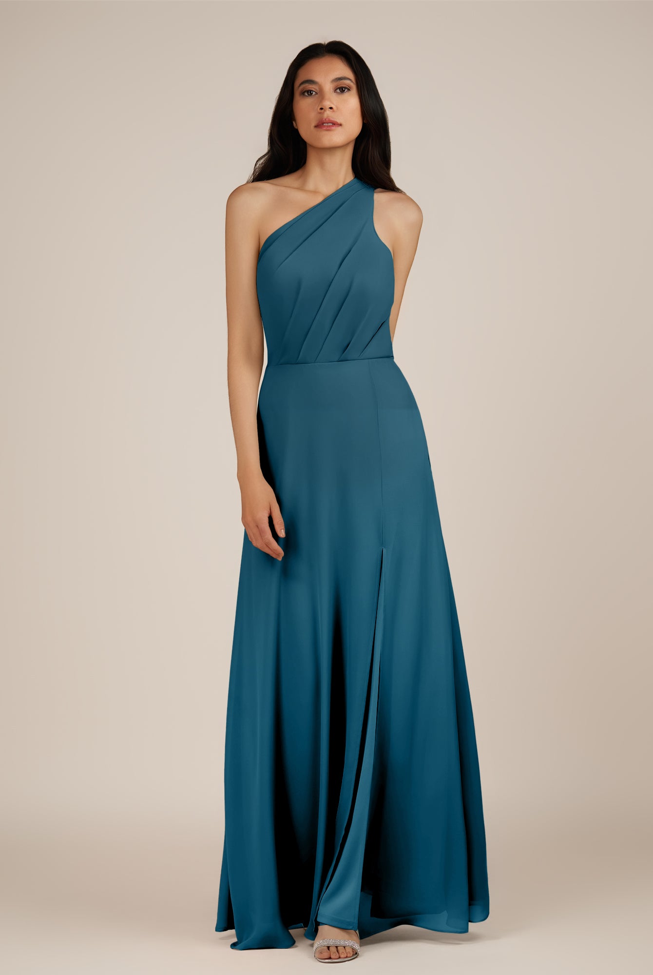 KissDress-Gaura Dark Teal A Line Chiffon One Shoulder Pleated Long Bridesmaid Dress with Slit