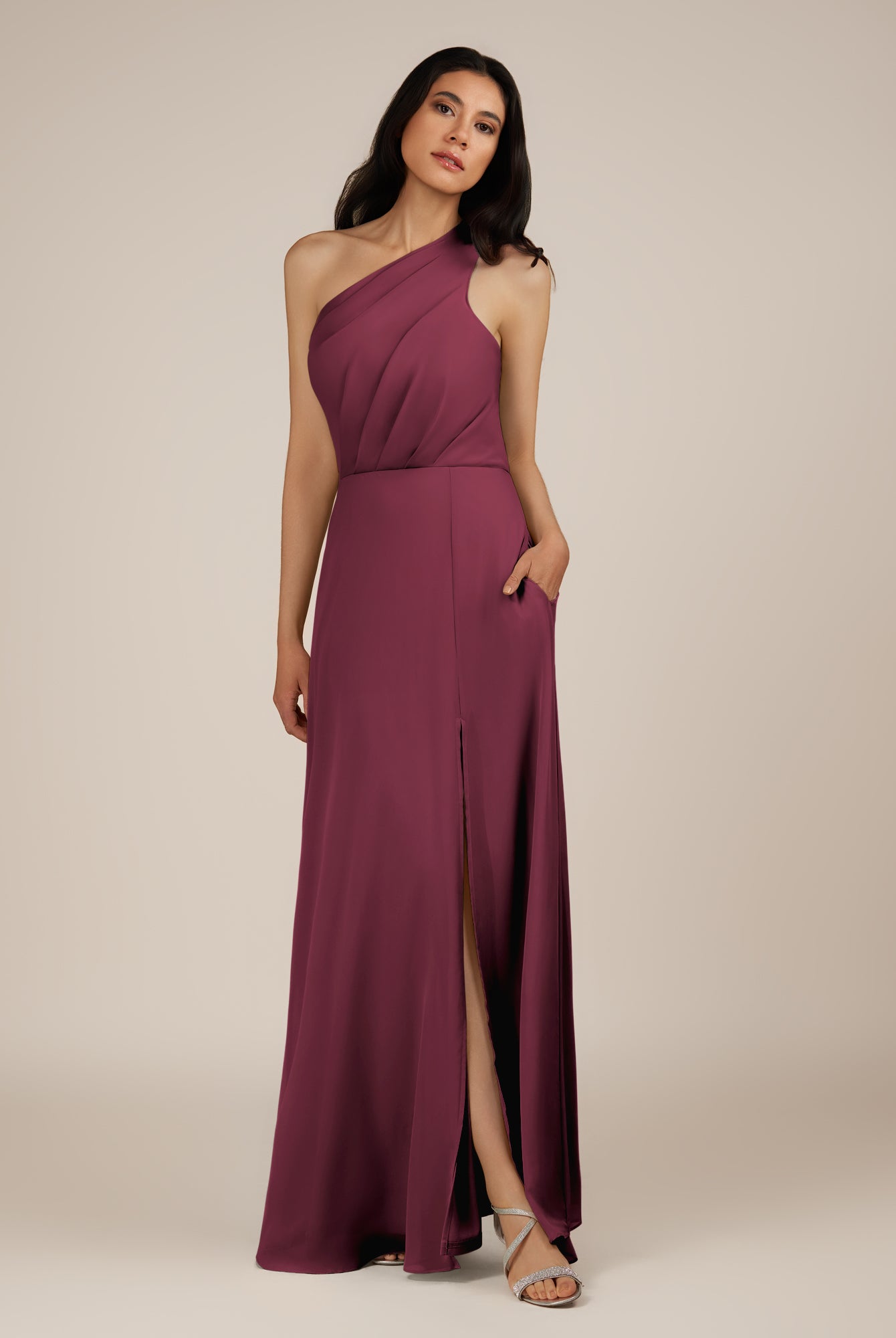 KissDress-Gaura Desert Rose A Line Chiffon One Shoulder Pleated Long Bridesmaid Dress with Slit