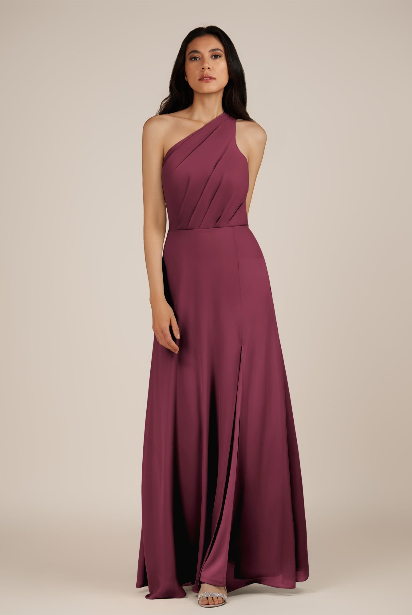KissDress-Gaura Desert Rose A Line Chiffon One Shoulder Pleated Long Bridesmaid Dress with Slit