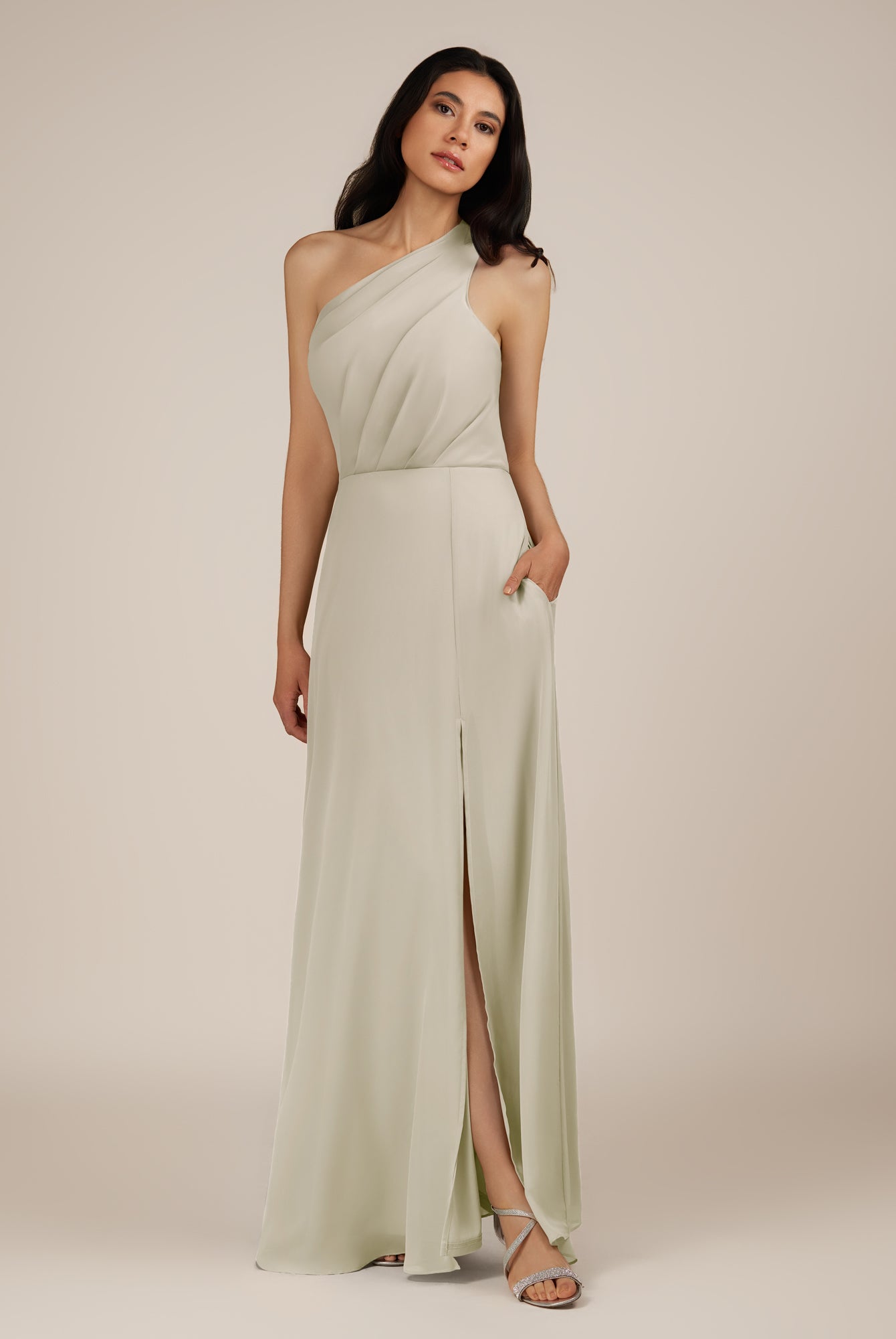 KissDress-Gaura Dove Gray A Line Chiffon One Shoulder Pleated Long Bridesmaid Dress with Slit