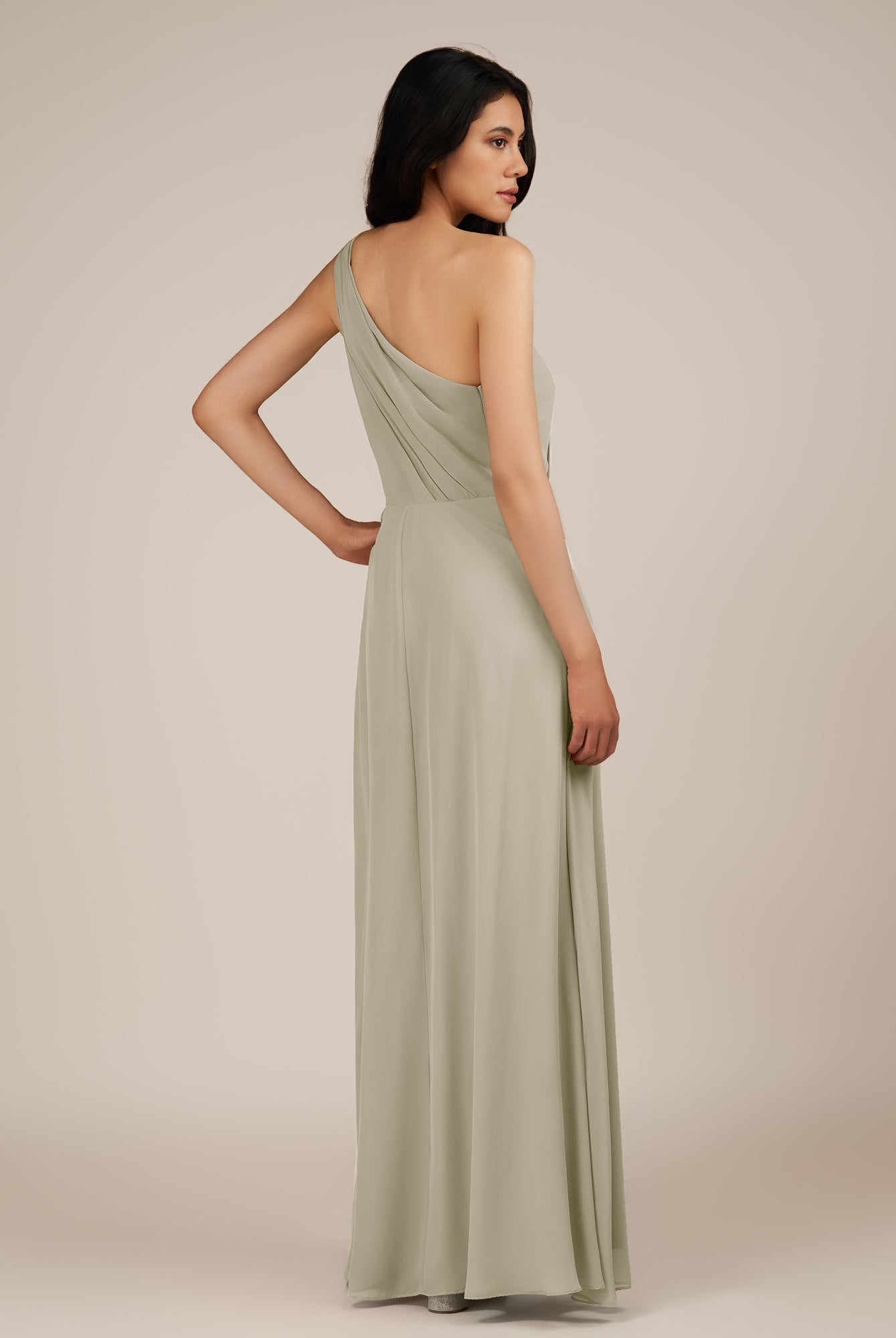 KissDress-Gaura Dove Gray A Line Chiffon One Shoulder Pleated Long Bridesmaid Dress with Slit