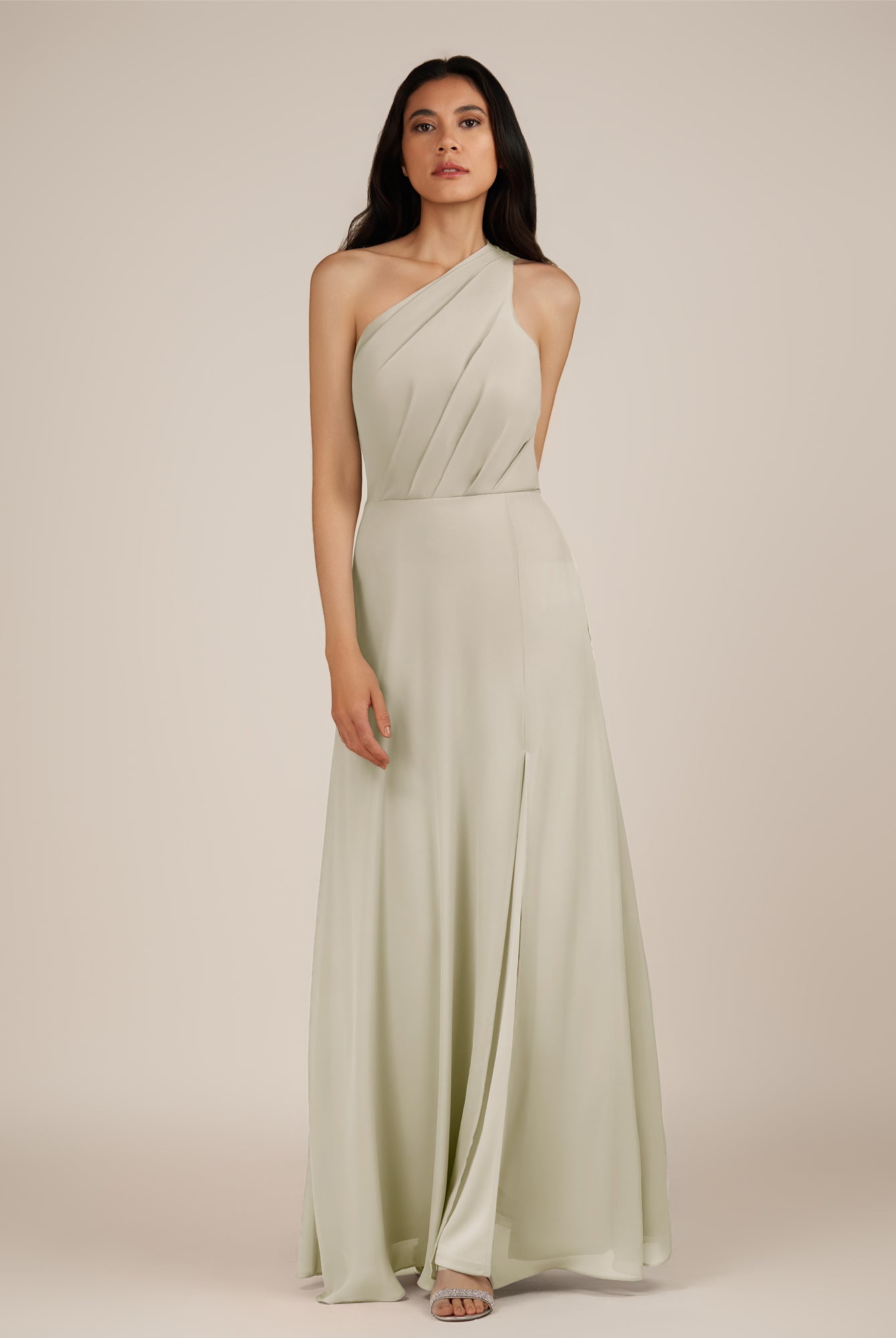 KissDress-Gaura Dove Gray A Line Chiffon One Shoulder Pleated Long Bridesmaid Dress with Slit