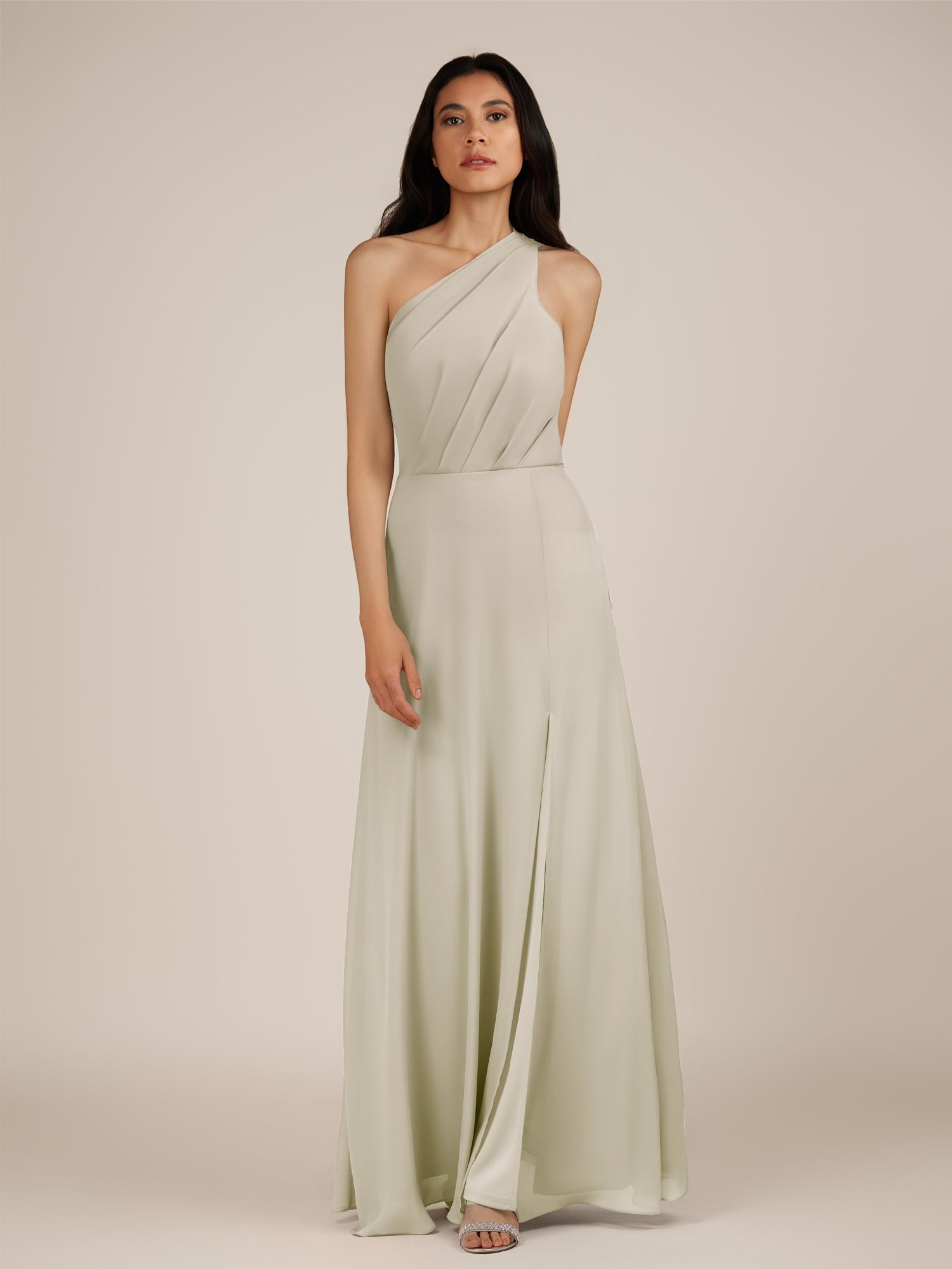 KissDress-Gaura Dove Gray A Line Chiffon One Shoulder Pleated Long Bridesmaid Dress with Slit