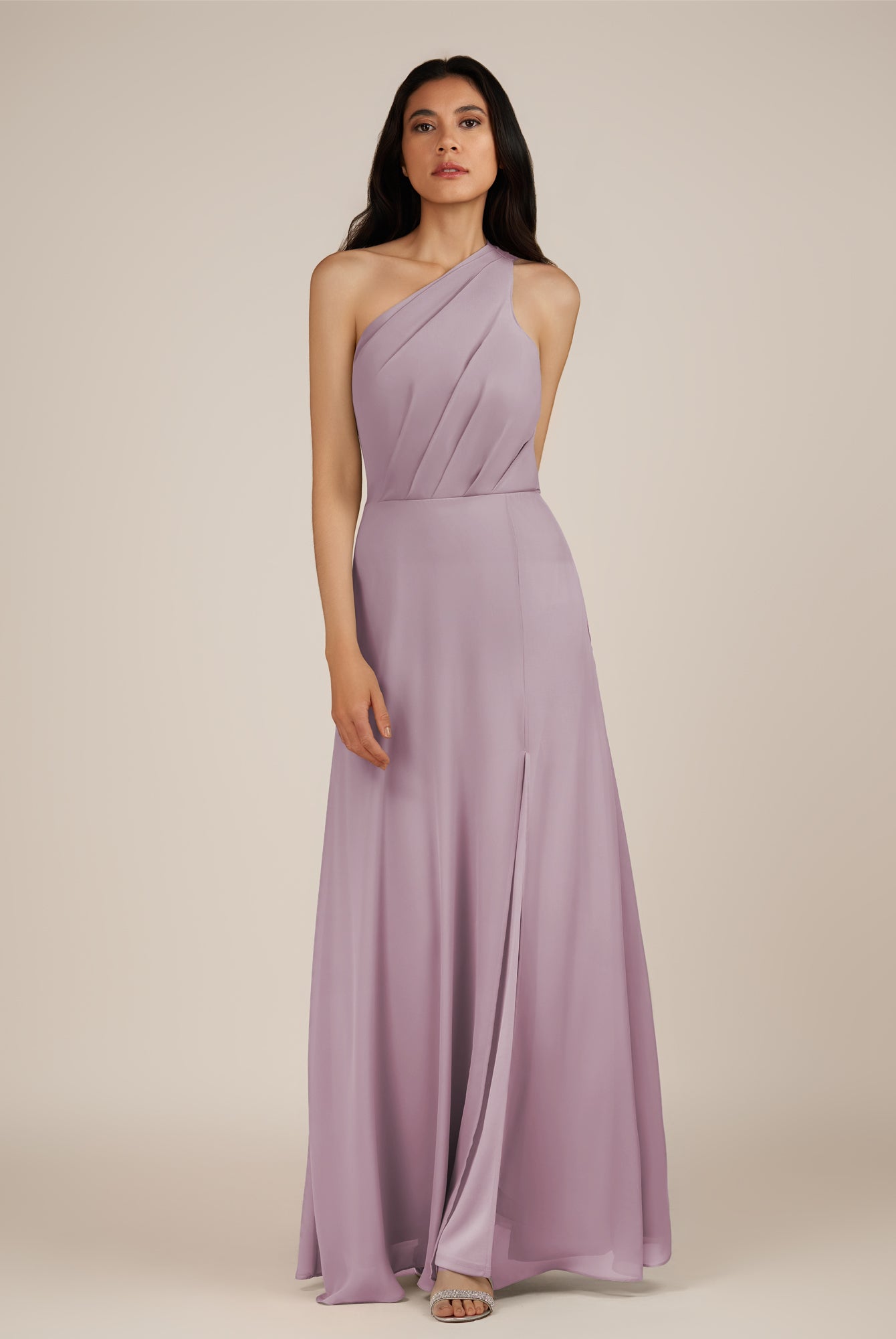 KissDress-Gaura Dusk A Line Chiffon One Shoulder Pleated Long Bridesmaid Dress with Slit