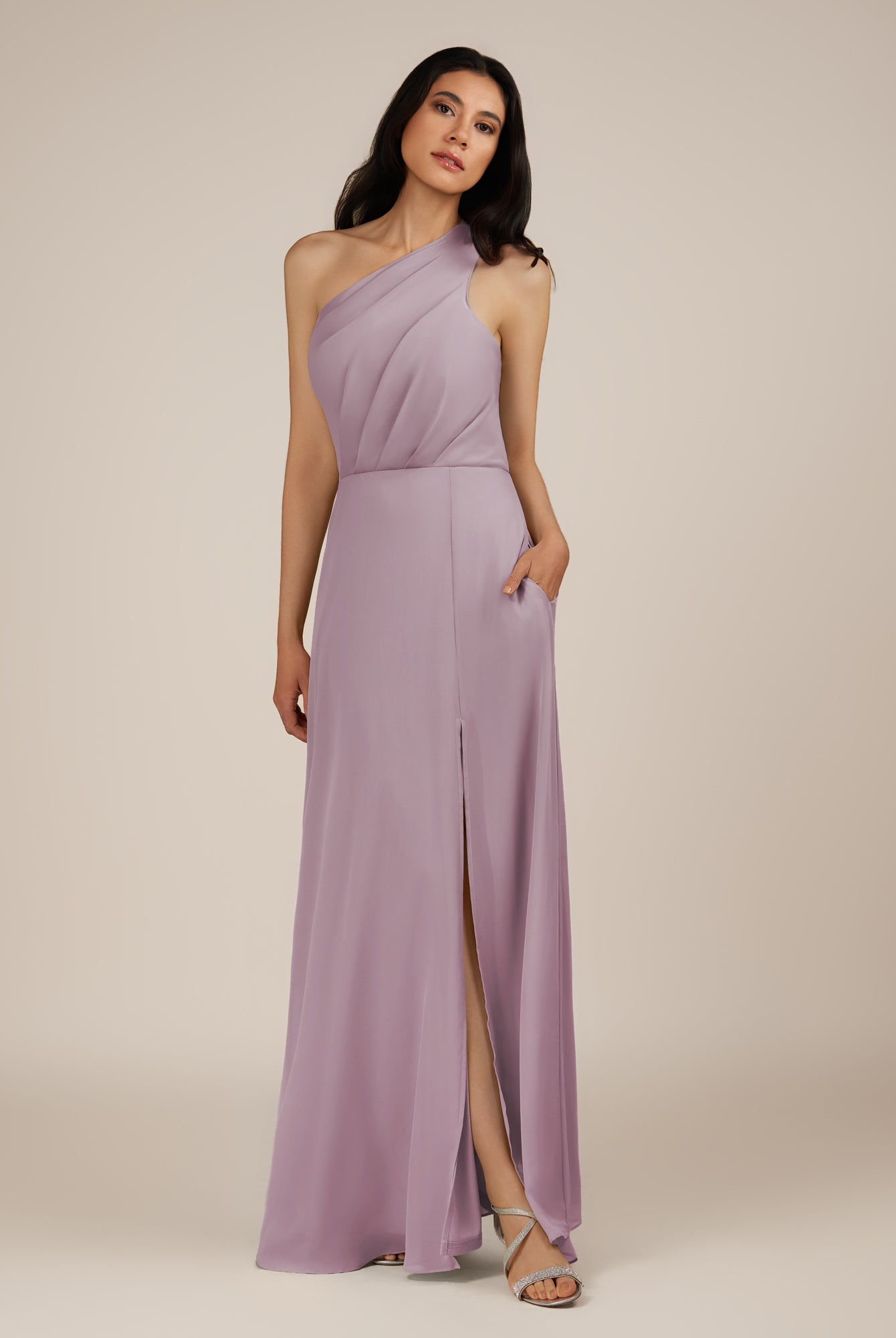 KissDress-Gaura Dusk A Line Chiffon One Shoulder Pleated Long Bridesmaid Dress with Slit