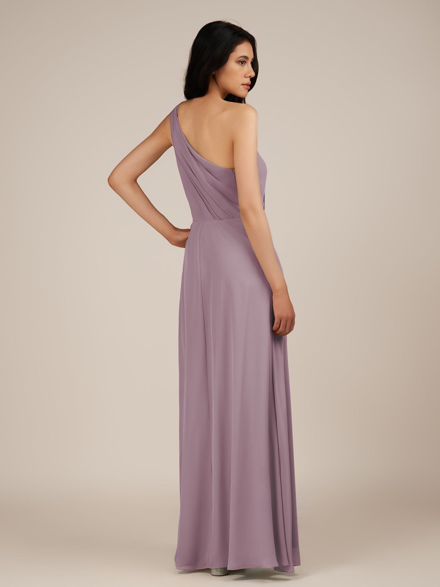 KissDress-Gaura Dusk A Line Chiffon One Shoulder Pleated Long Bridesmaid Dress with Slit