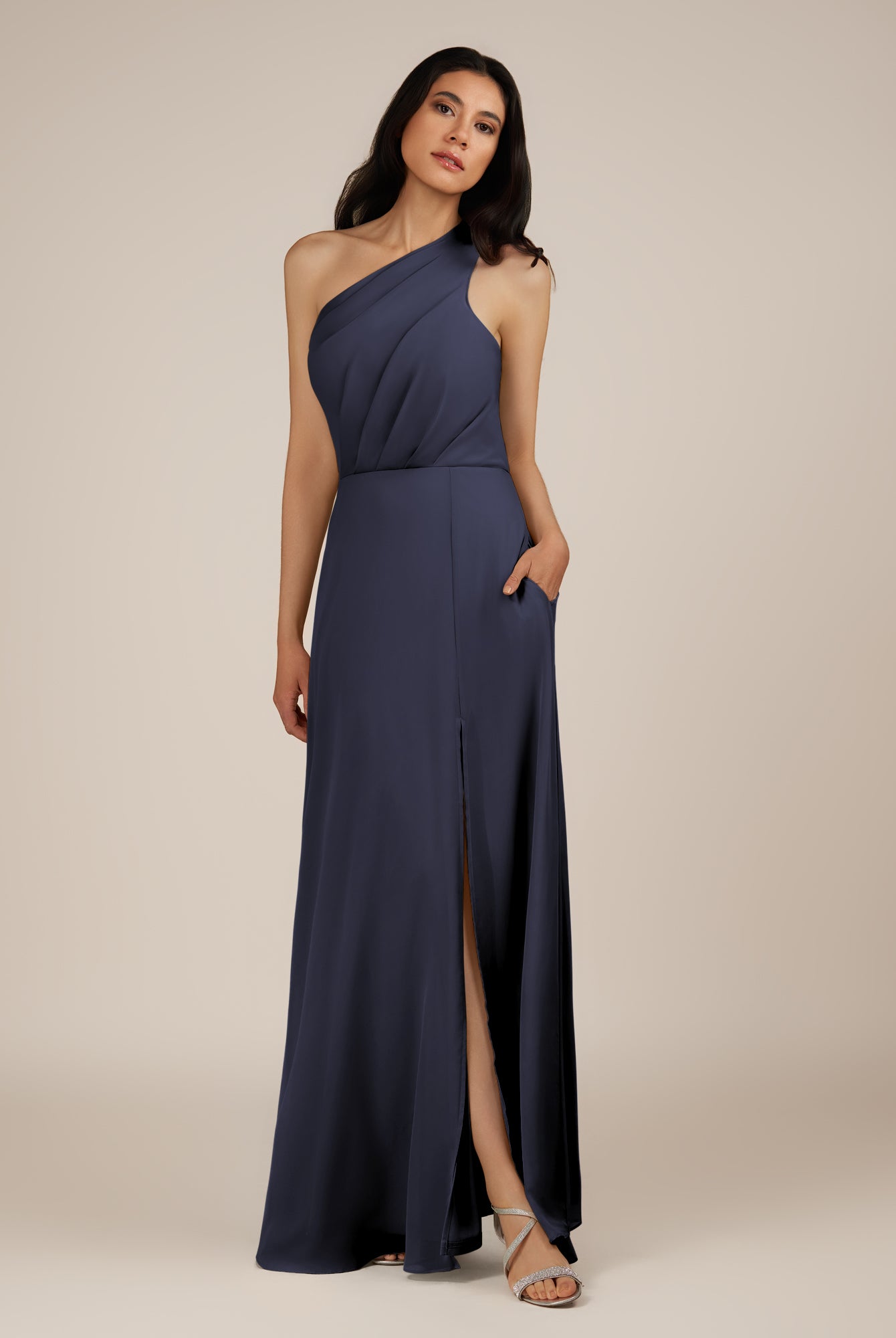 KissDress-Gaura Dusk Blue A Line Chiffon One Shoulder Pleated Long Bridesmaid Dress with Slit