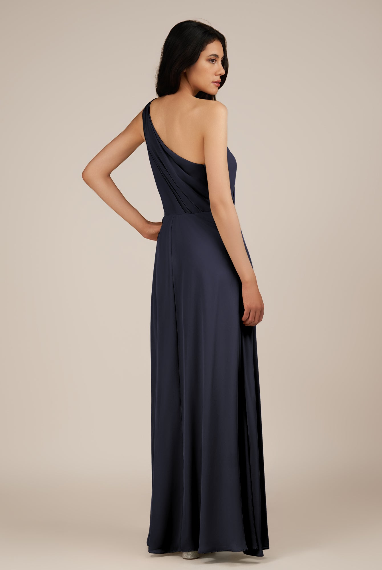 KissDress-Gaura Dusk Blue A Line Chiffon One Shoulder Pleated Long Bridesmaid Dress with Slit