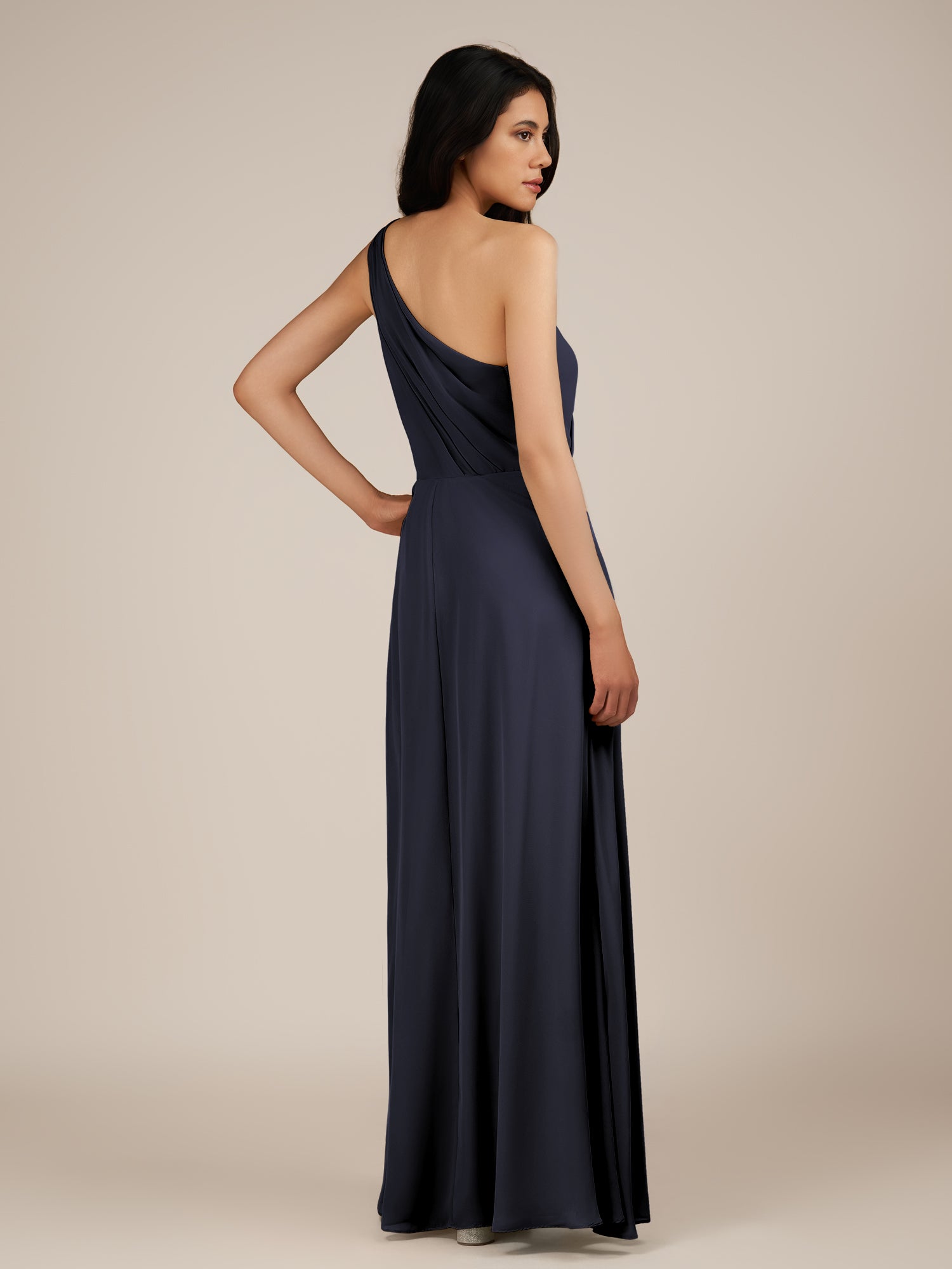 KissDress-Gaura Dusk Blue A Line Chiffon One Shoulder Pleated Long Bridesmaid Dress with Slit