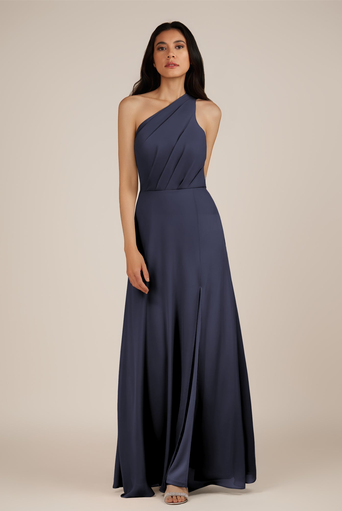 KissDress-Gaura Dusk Blue A Line Chiffon One Shoulder Pleated Long Bridesmaid Dress with Slit