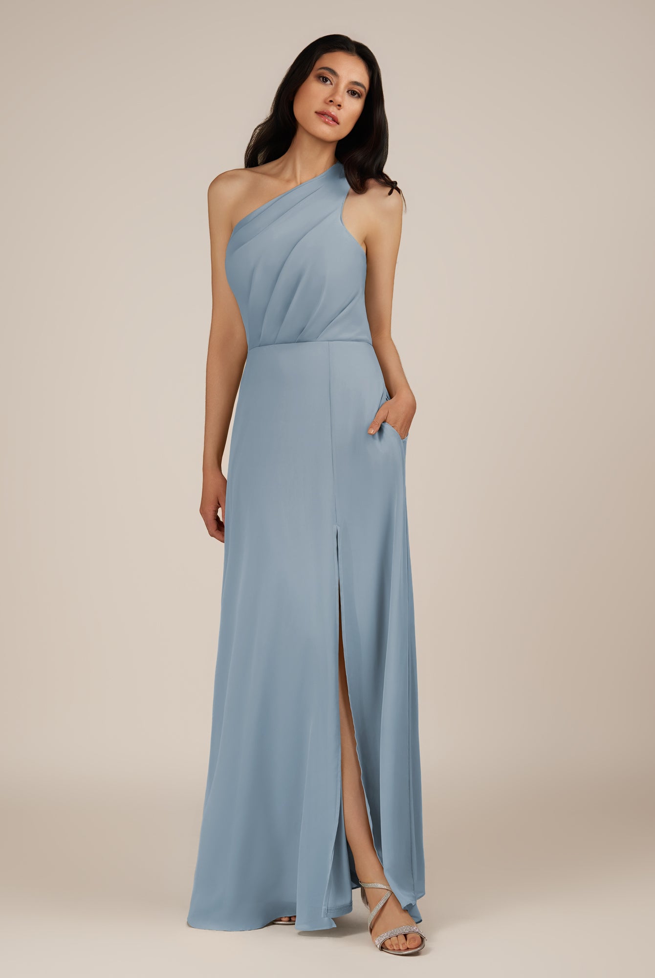 KissDress-Gaura Dusty Blue A Line Chiffon One Shoulder Pleated Long Bridesmaid Dress with Slit