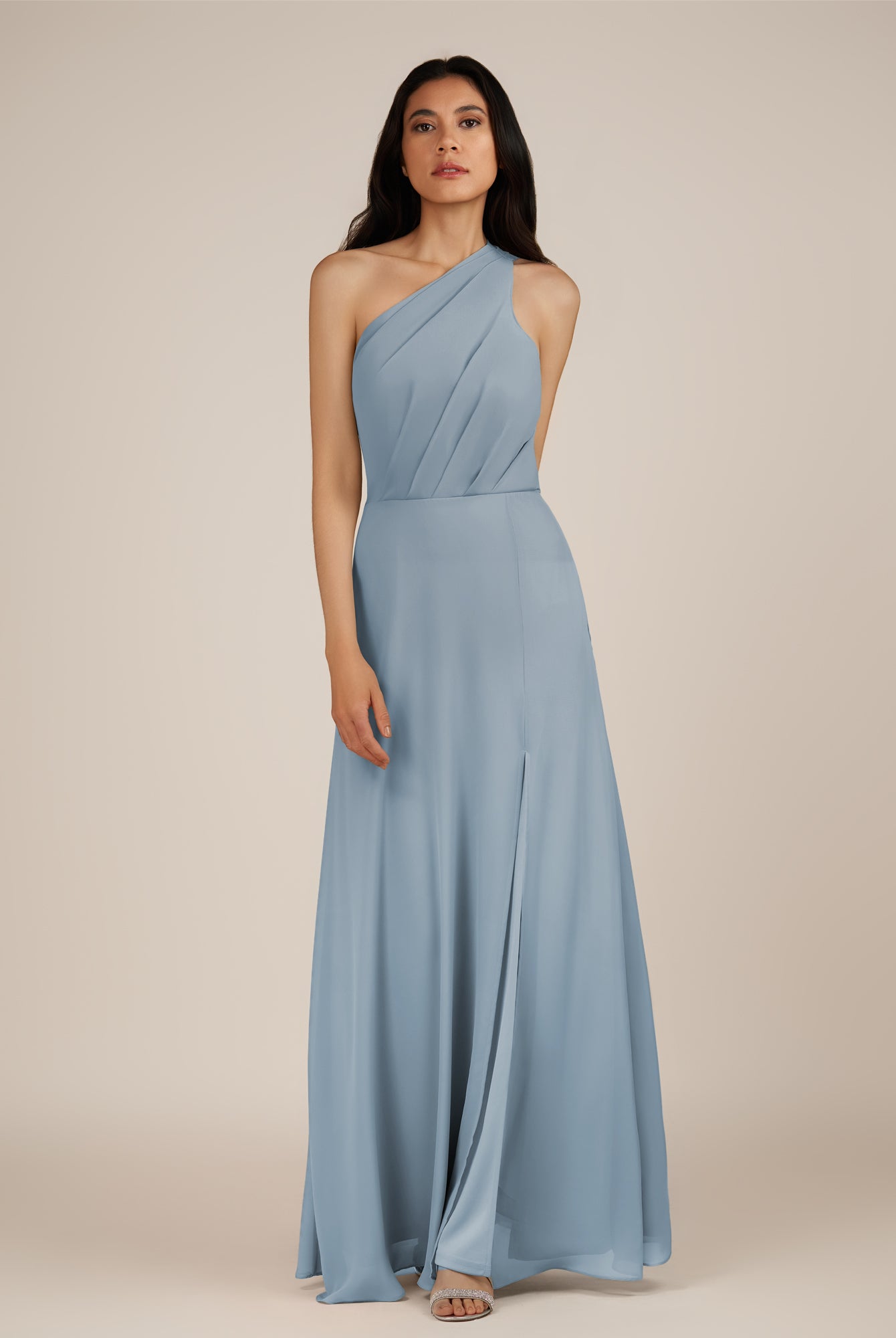 KissDress-Gaura Dusty Blue A Line Chiffon One Shoulder Pleated Long Bridesmaid Dress with Slit