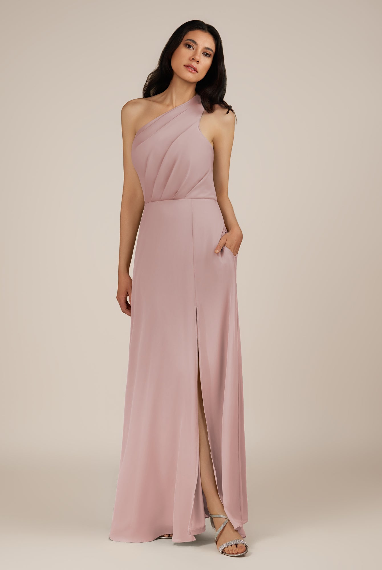 KissDress-Gaura Dusty Rose A Line Chiffon One Shoulder Pleated Long Bridesmaid Dress with Slit