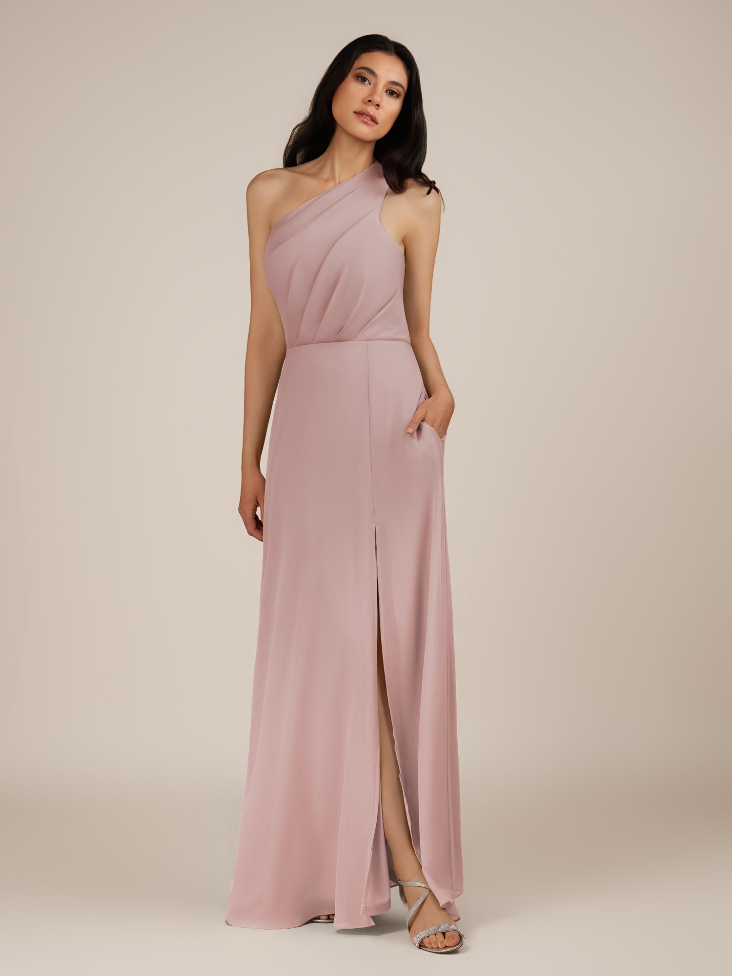 KissDress-Gaura Dusty Rose A Line Chiffon One Shoulder Pleated Long Bridesmaid Dress with Slit