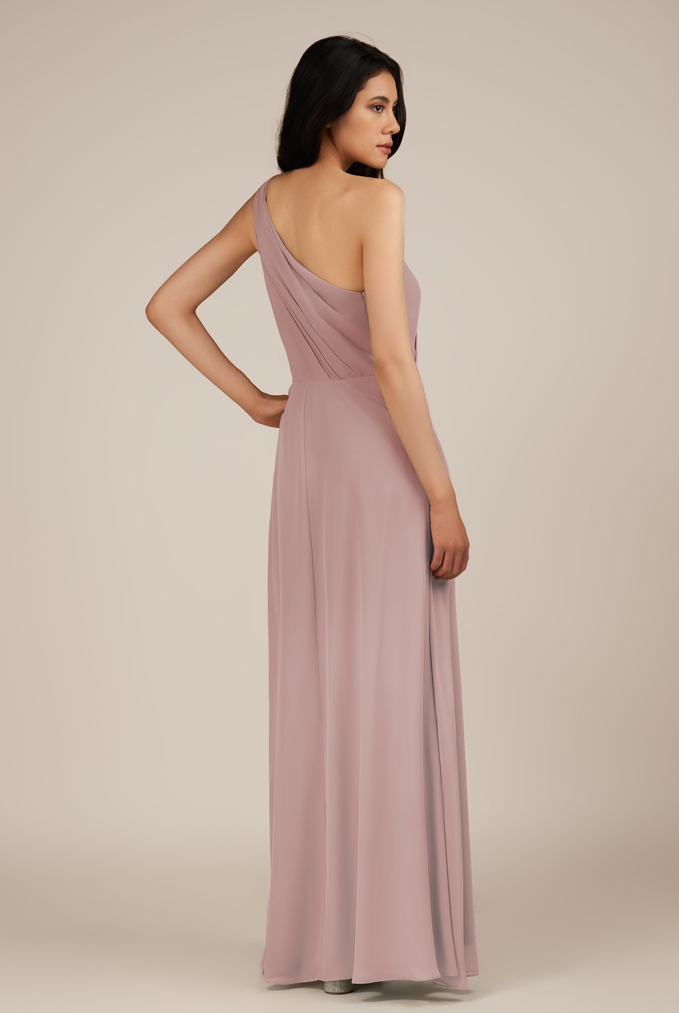 KissDress-Gaura Dusty Rose A Line Chiffon One Shoulder Pleated Long Bridesmaid Dress with Slit