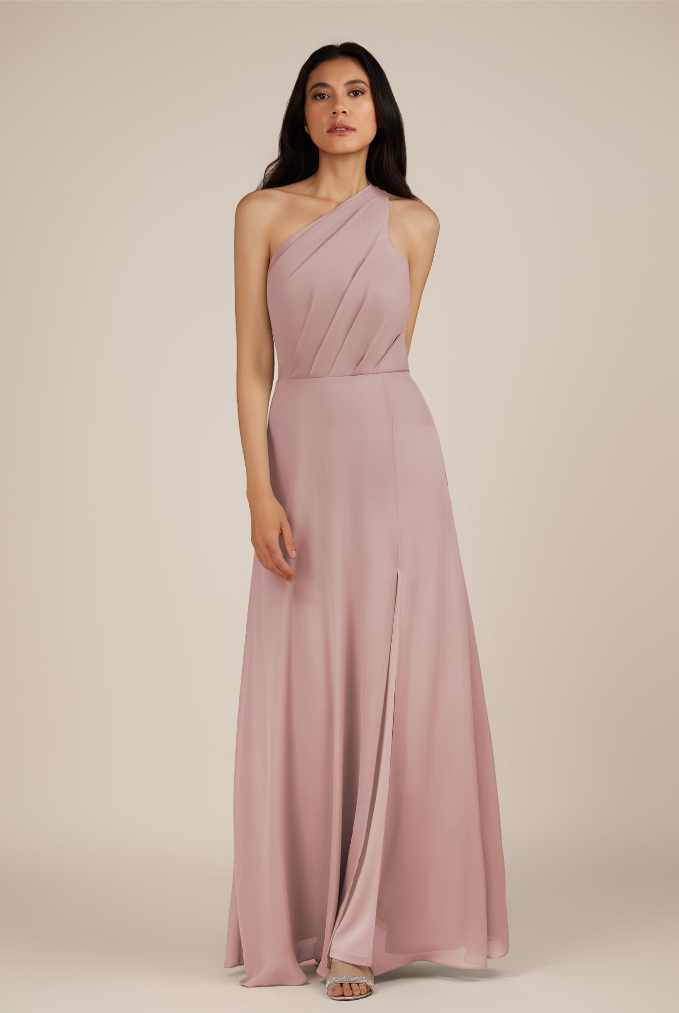 KissDress-Gaura Dusty Rose A Line Chiffon One Shoulder Pleated Long Bridesmaid Dress with Slit