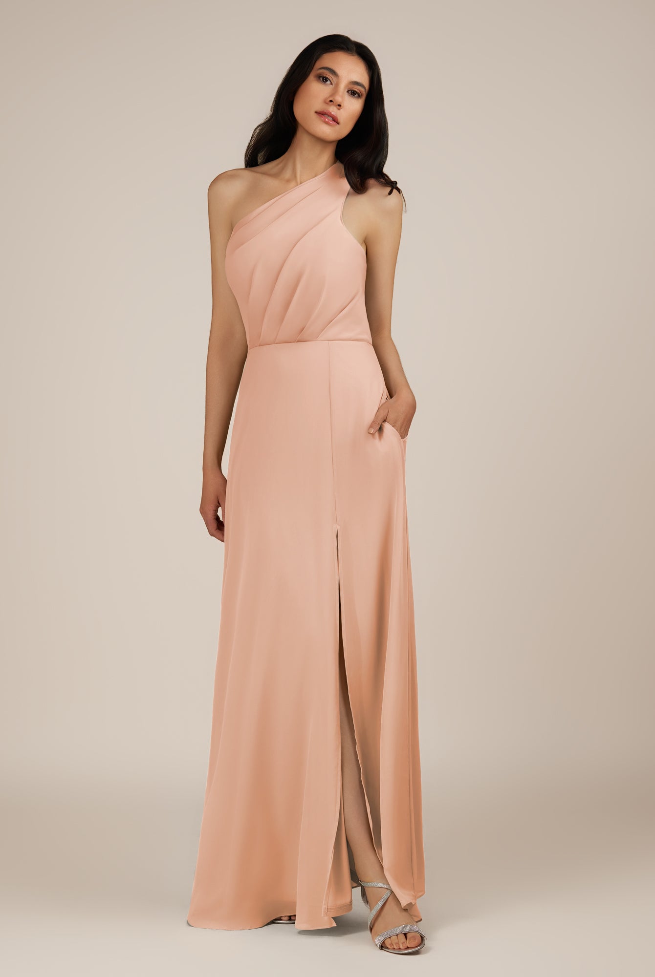 KissDress-Gaura English Rose A Line Chiffon One Shoulder Pleated Long Bridesmaid Dress with Slit