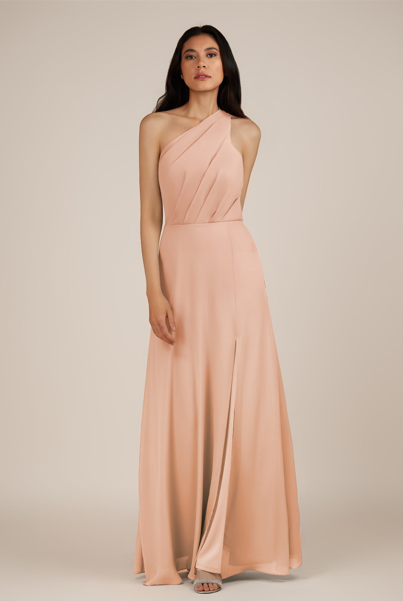 KissDress-Gaura English Rose A Line Chiffon One Shoulder Pleated Long Bridesmaid Dress with Slit