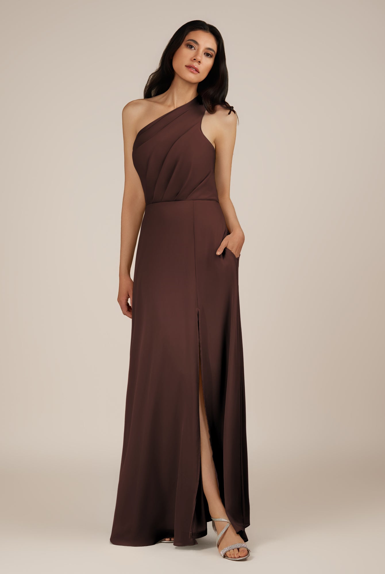 KissDress-Gaura Espresso A Line Chiffon One Shoulder Pleated Long Bridesmaid Dress with Slit