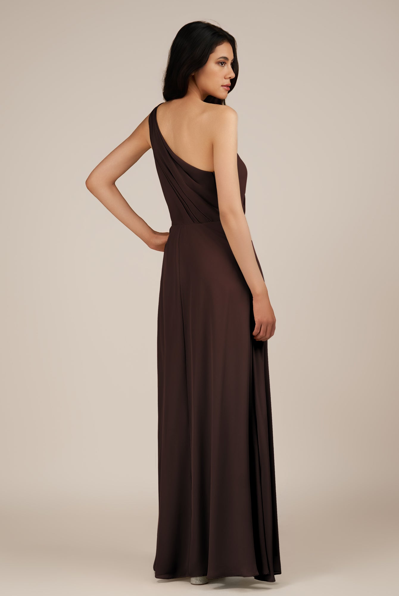 KissDress-Gaura Espresso A Line Chiffon One Shoulder Pleated Long Bridesmaid Dress with Slit
