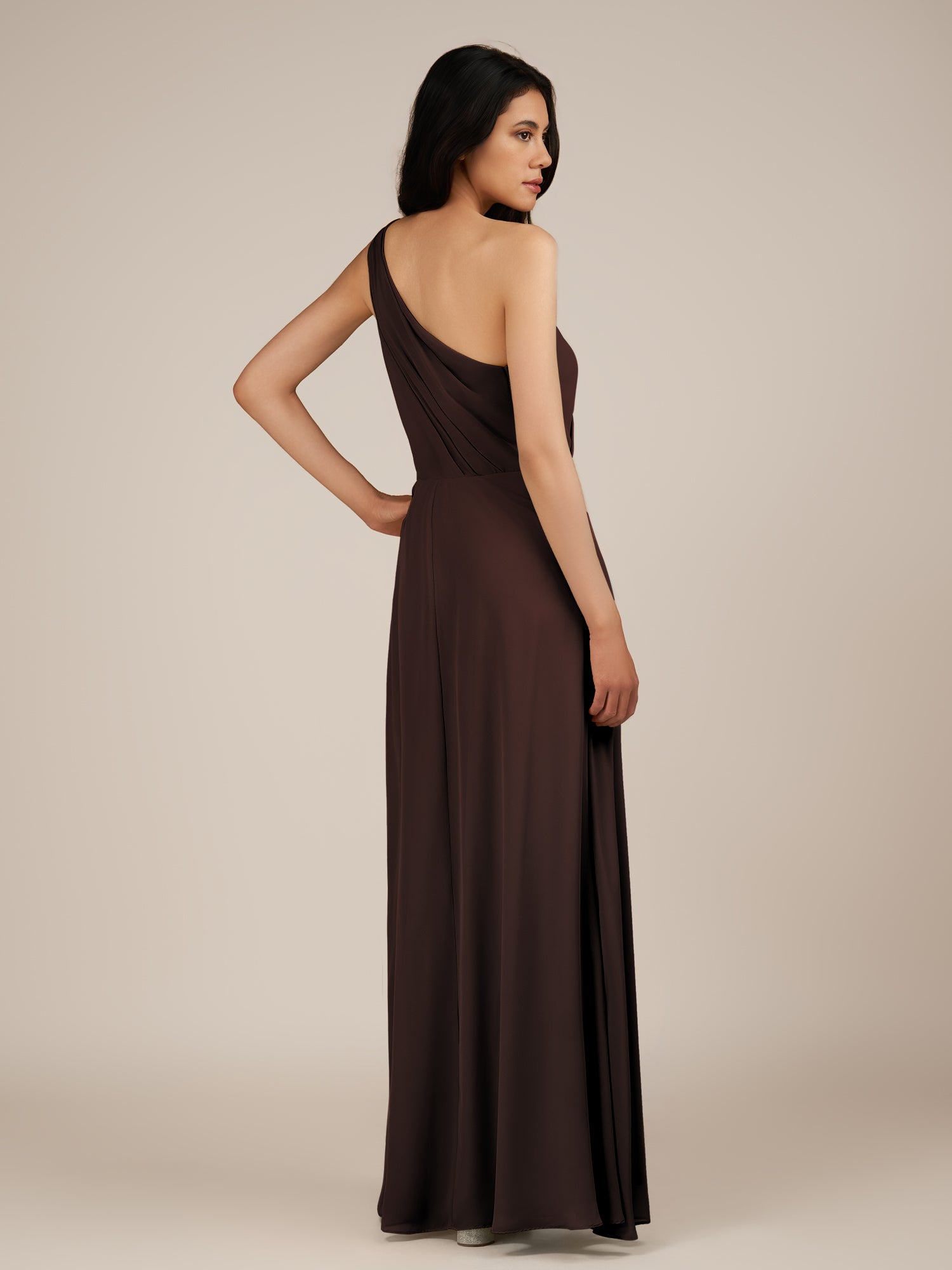 KissDress-Gaura Espresso A Line Chiffon One Shoulder Pleated Long Bridesmaid Dress with Slit