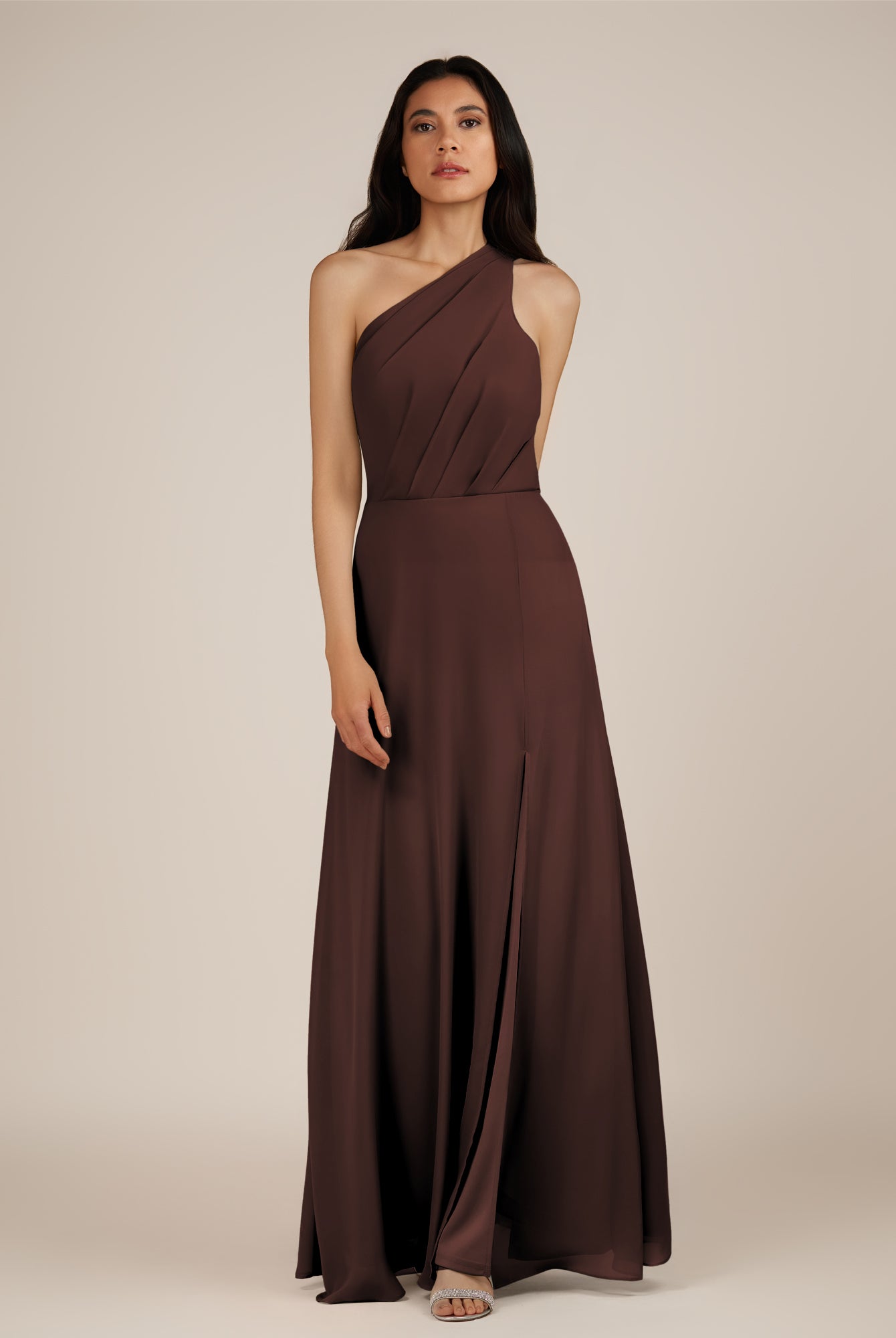 KissDress-Gaura Espresso A Line Chiffon One Shoulder Pleated Long Bridesmaid Dress with Slit