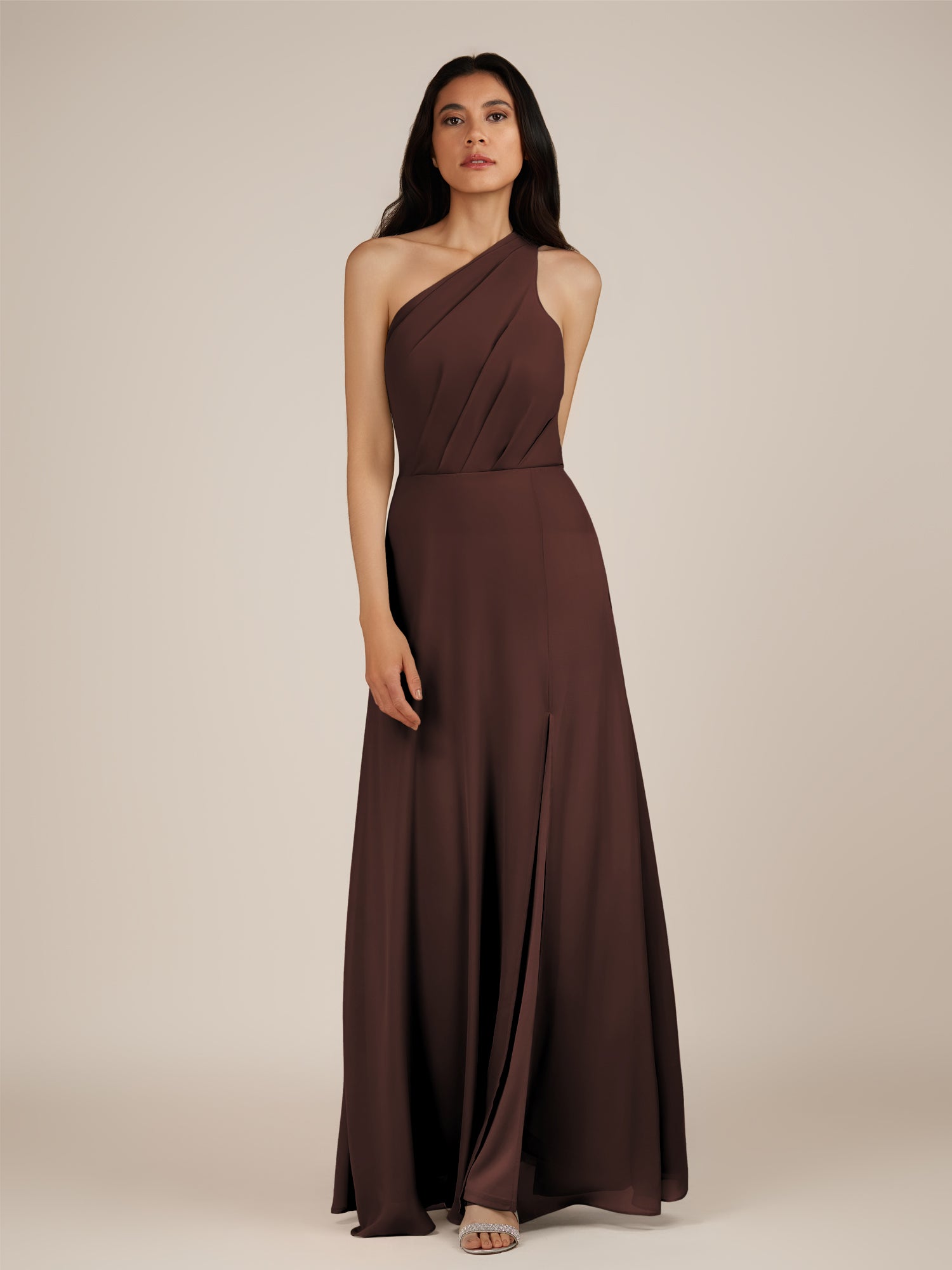 KissDress-Gaura Espresso A Line Chiffon One Shoulder Pleated Long Bridesmaid Dress with Slit