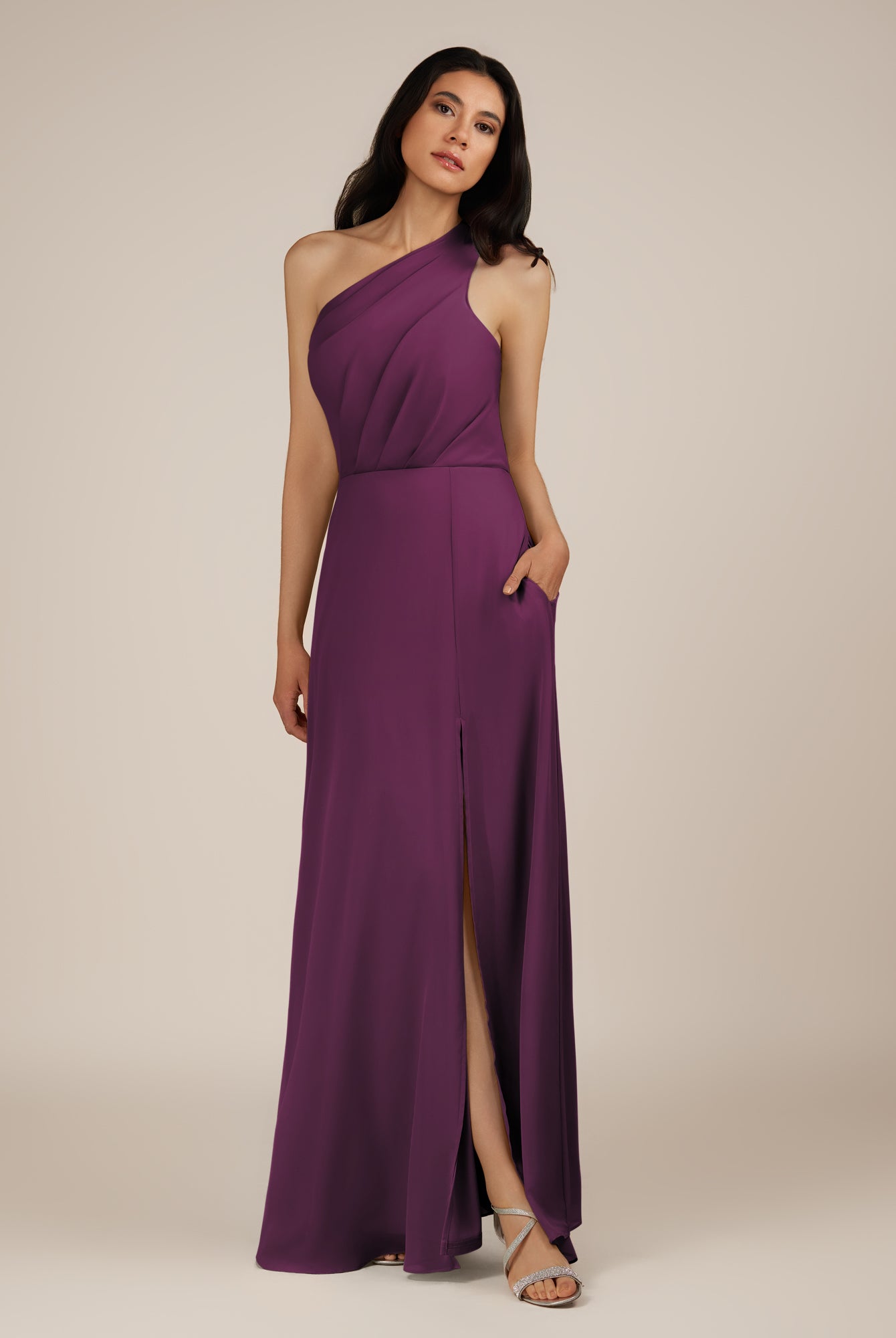 KissDress-Gaura Fig A Line Chiffon One Shoulder Pleated Long Bridesmaid Dress with Slit