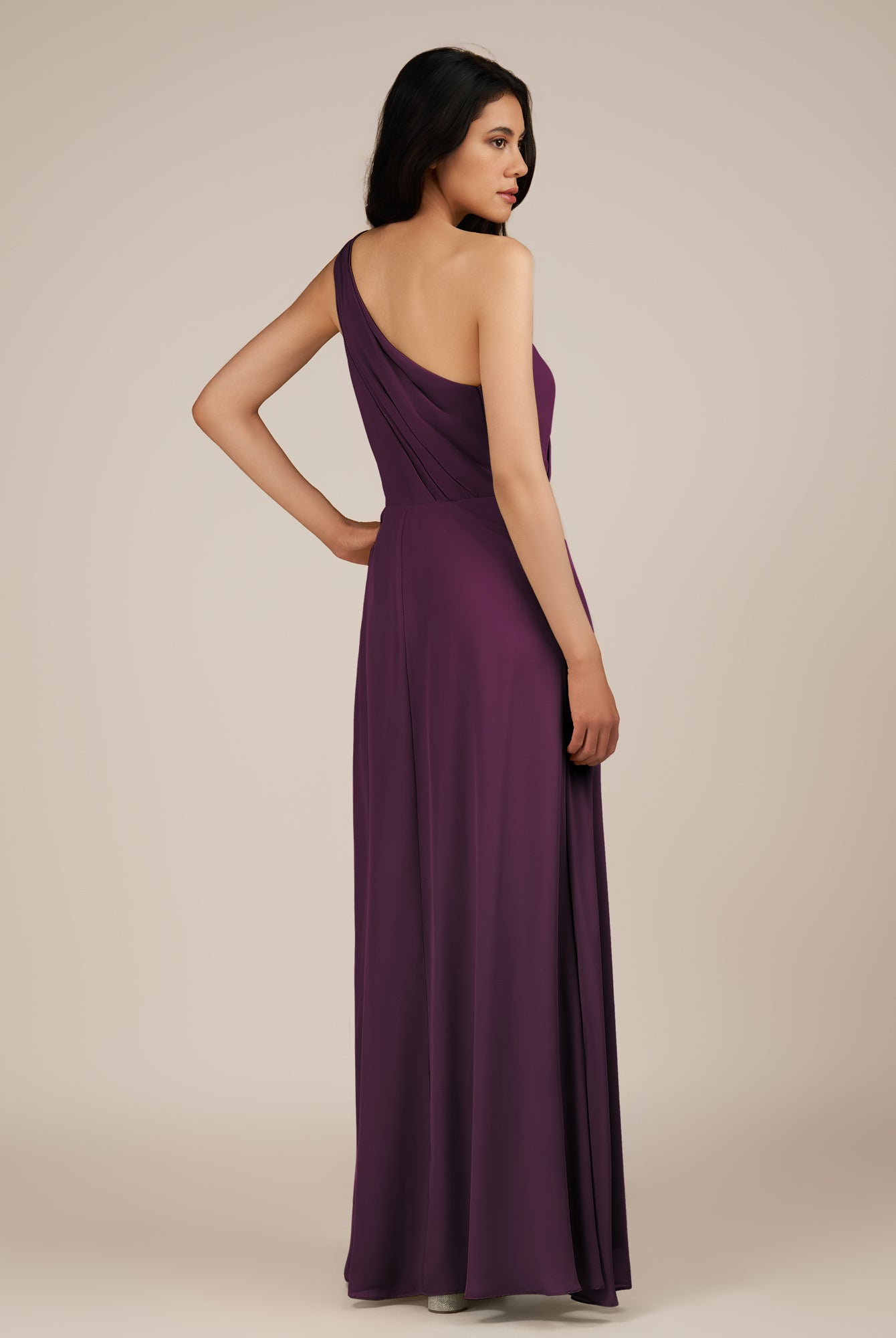 KissDress-Gaura Fig A Line Chiffon One Shoulder Pleated Long Bridesmaid Dress with Slit