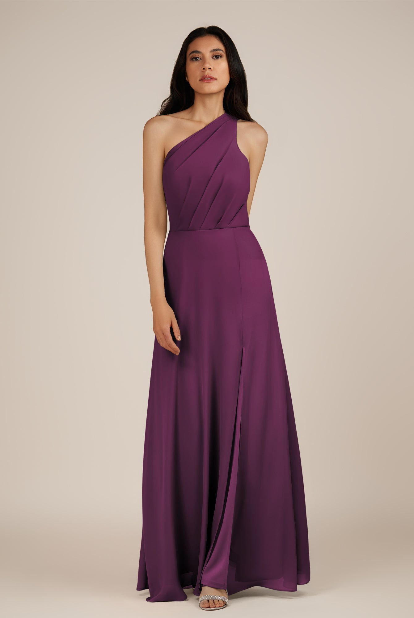 KissDress-Gaura Fig A Line Chiffon One Shoulder Pleated Long Bridesmaid Dress with Slit