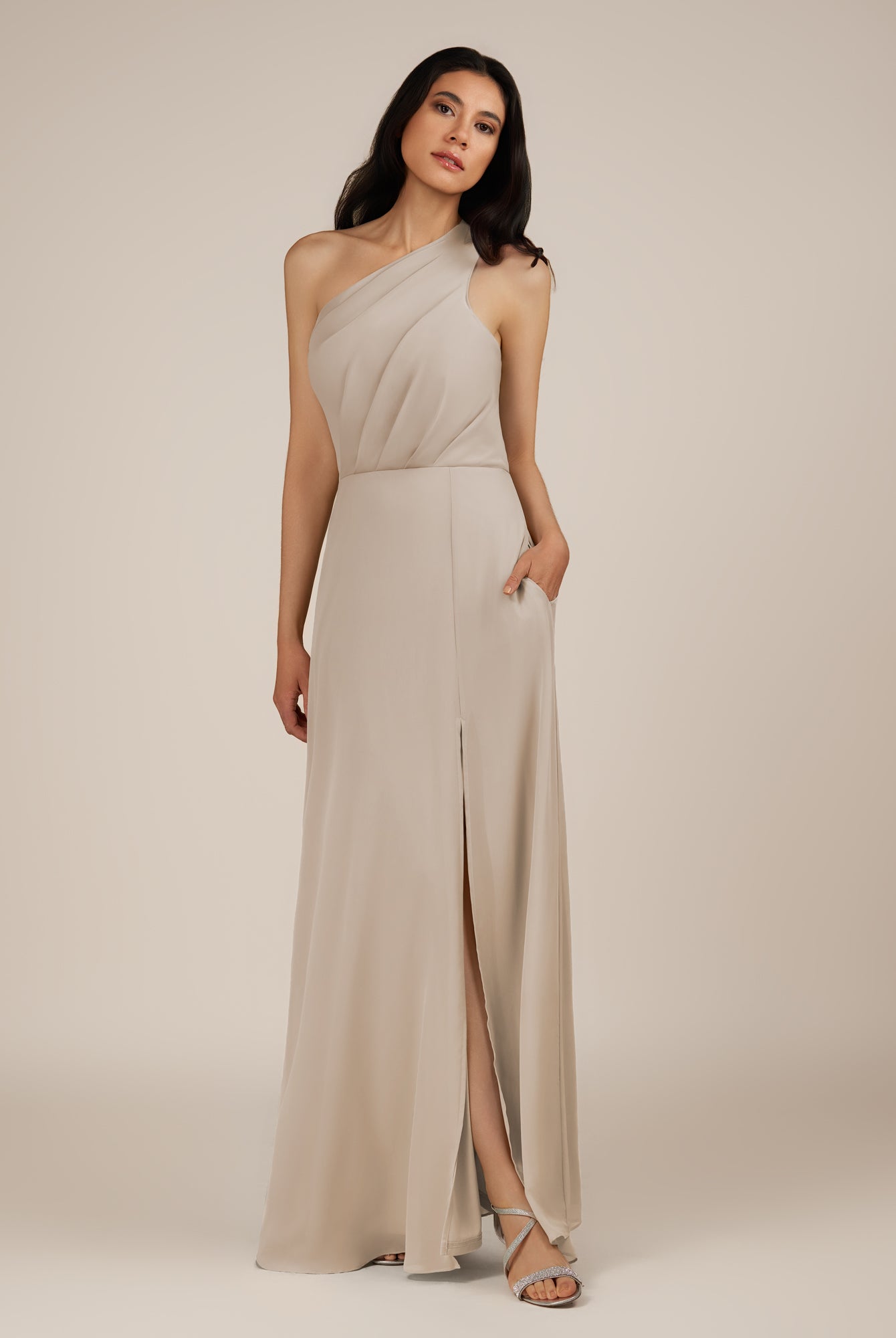 KissDress-Gaura Frost A Line Chiffon One Shoulder Pleated Long Bridesmaid Dress with Slit