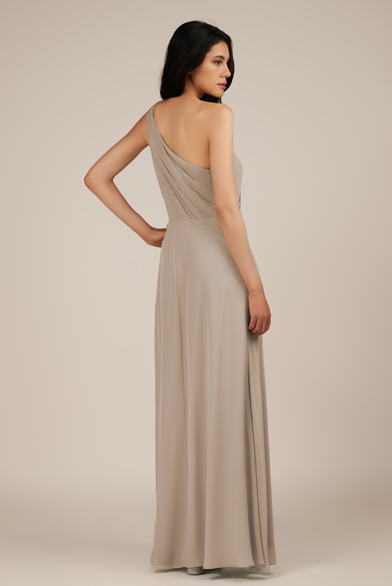 KissDress-Gaura Frost A Line Chiffon One Shoulder Pleated Long Bridesmaid Dress with Slit