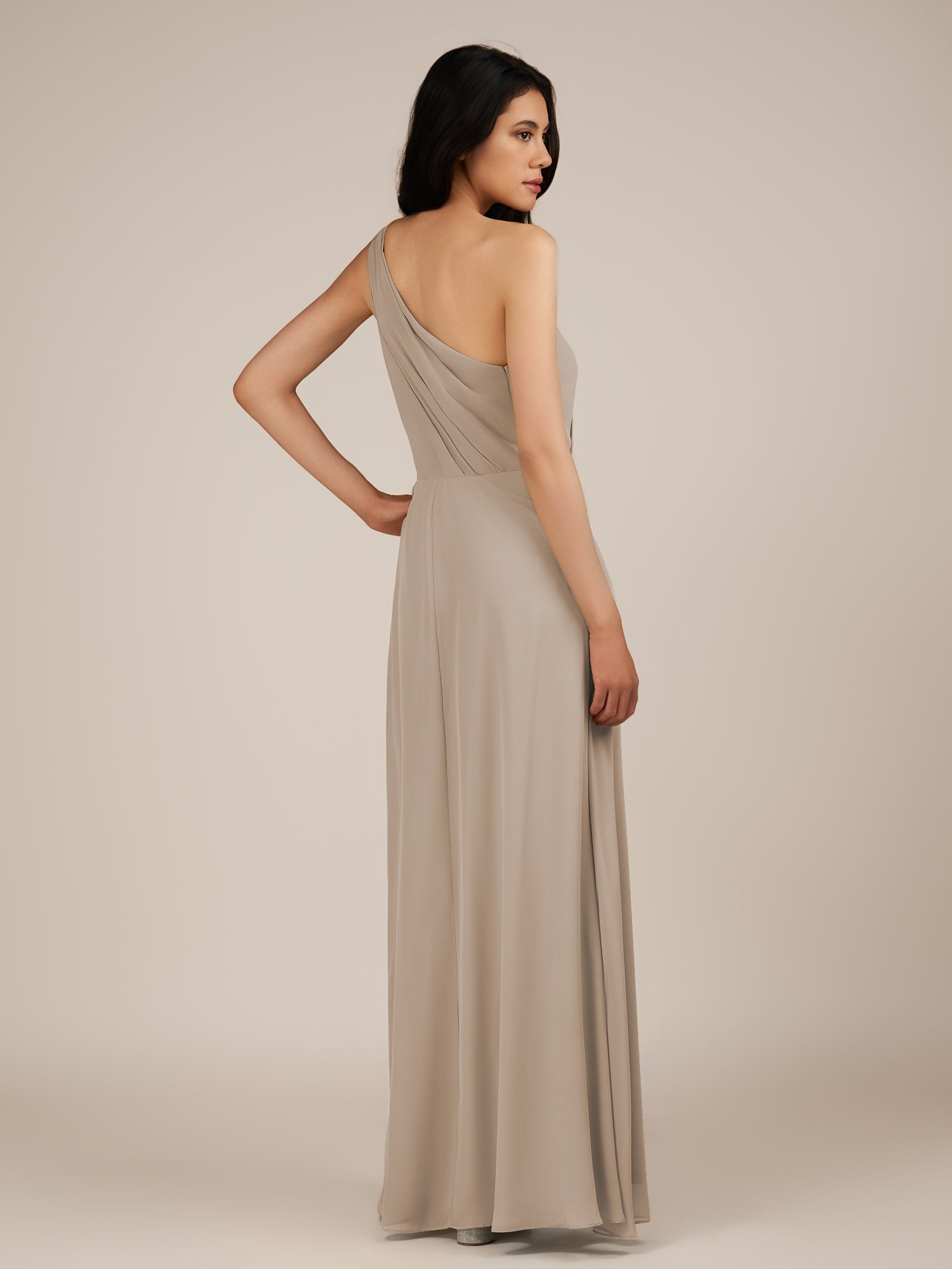 KissDress-Gaura Frost A Line Chiffon One Shoulder Pleated Long Bridesmaid Dress with Slit
