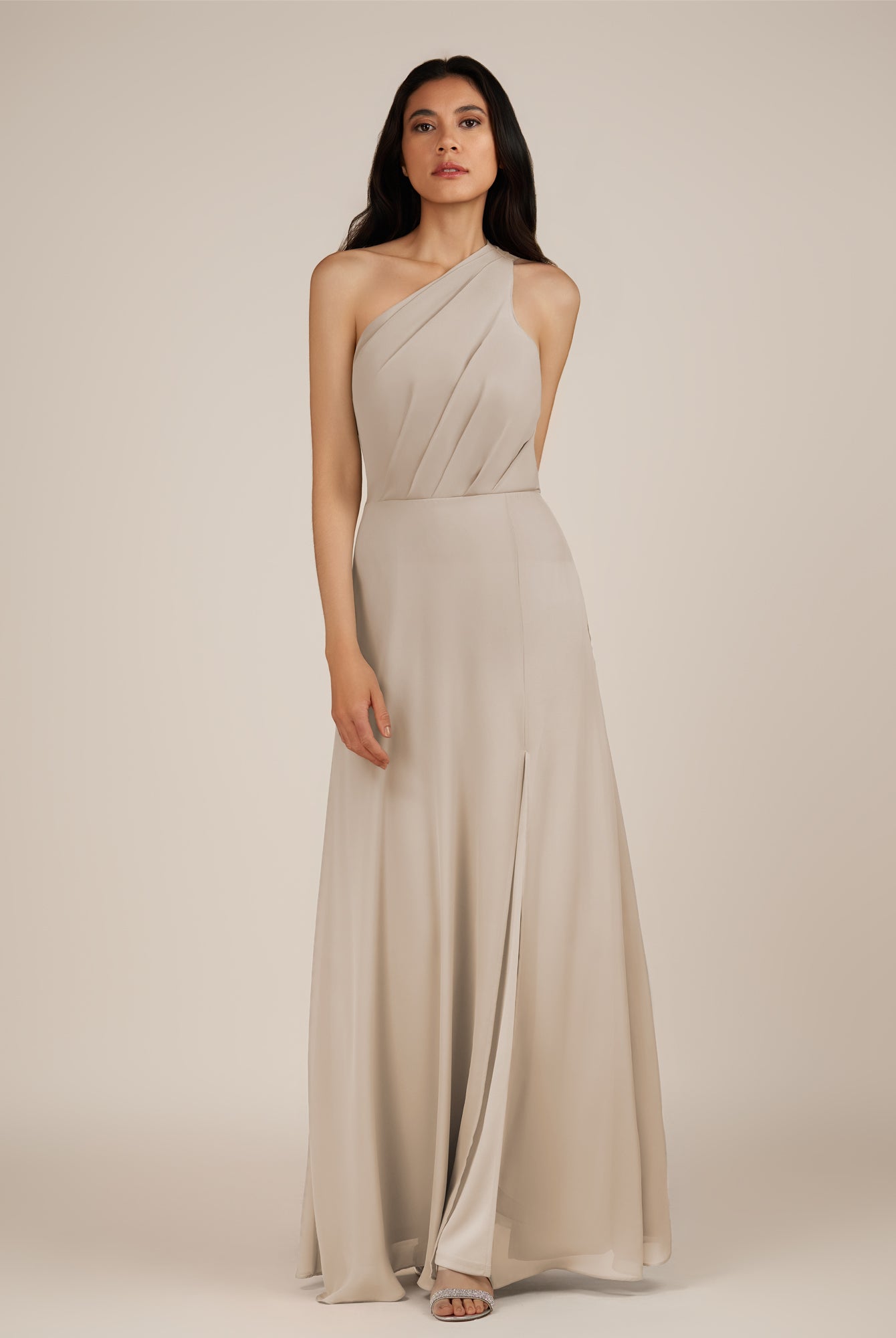 KissDress-Gaura Frost A Line Chiffon One Shoulder Pleated Long Bridesmaid Dress with Slit