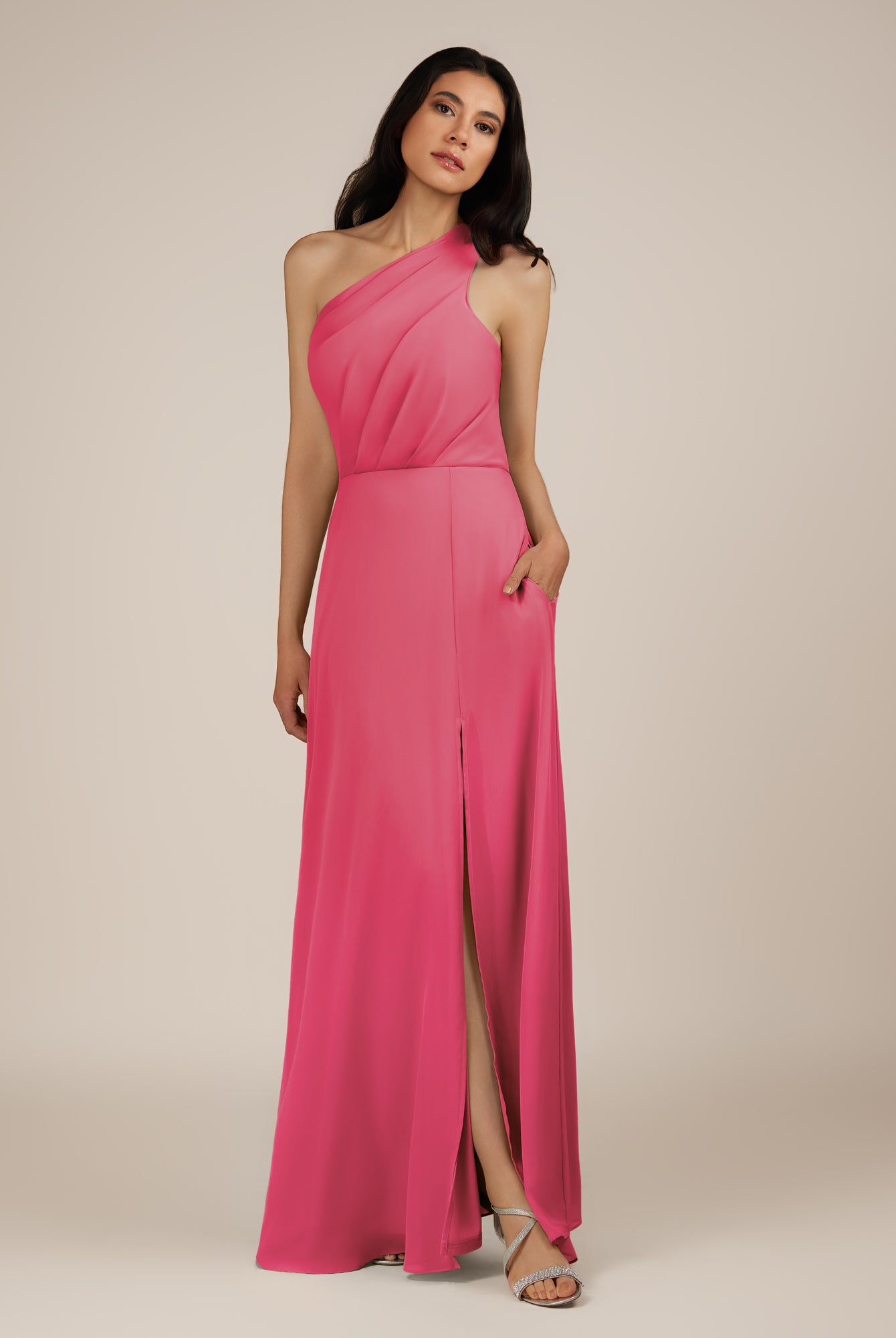 KissDress-Gaura Fuchsia A Line Chiffon One Shoulder Pleated Long Bridesmaid Dress with Slit