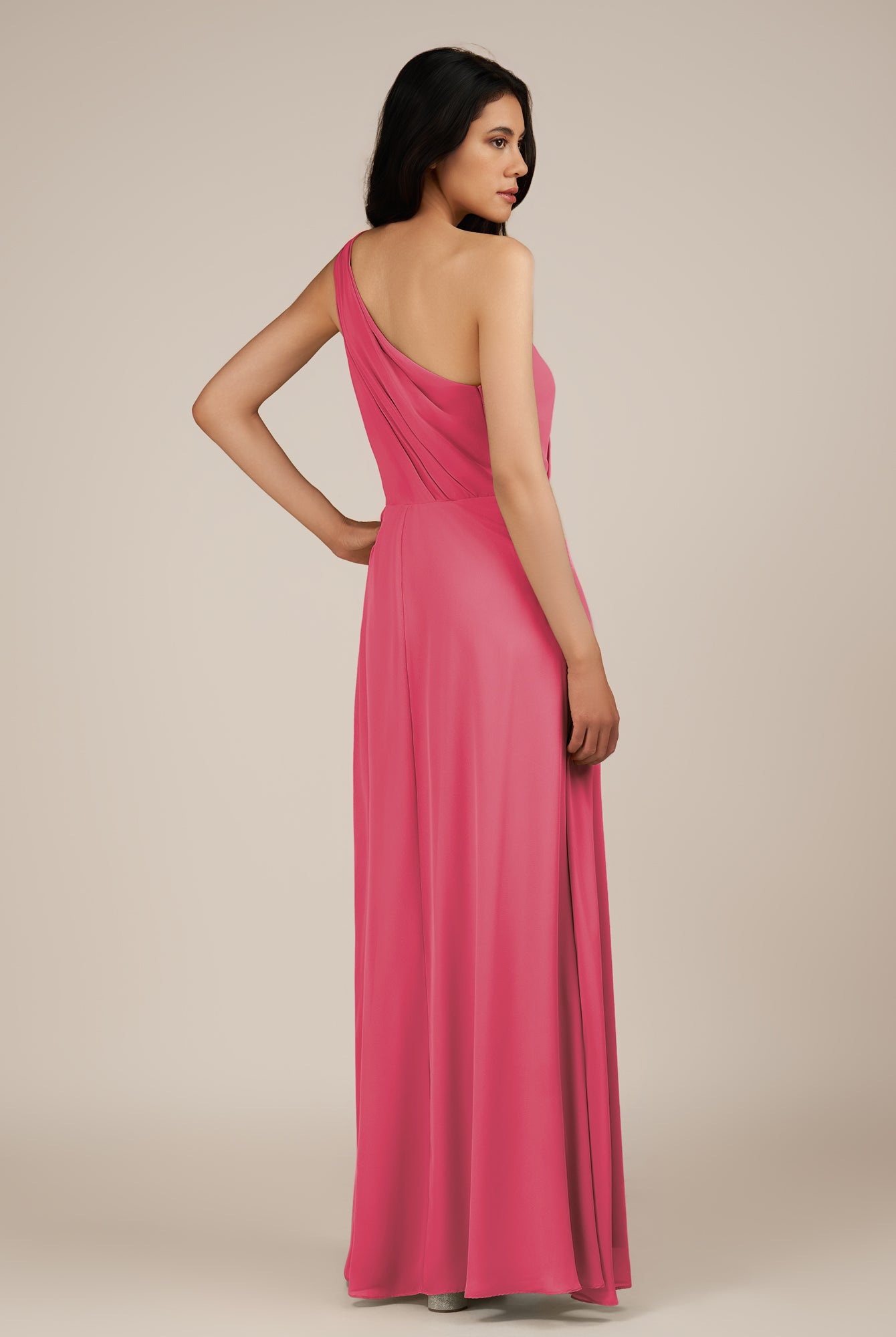 KissDress-Gaura Fuchsia A Line Chiffon One Shoulder Pleated Long Bridesmaid Dress with Slit