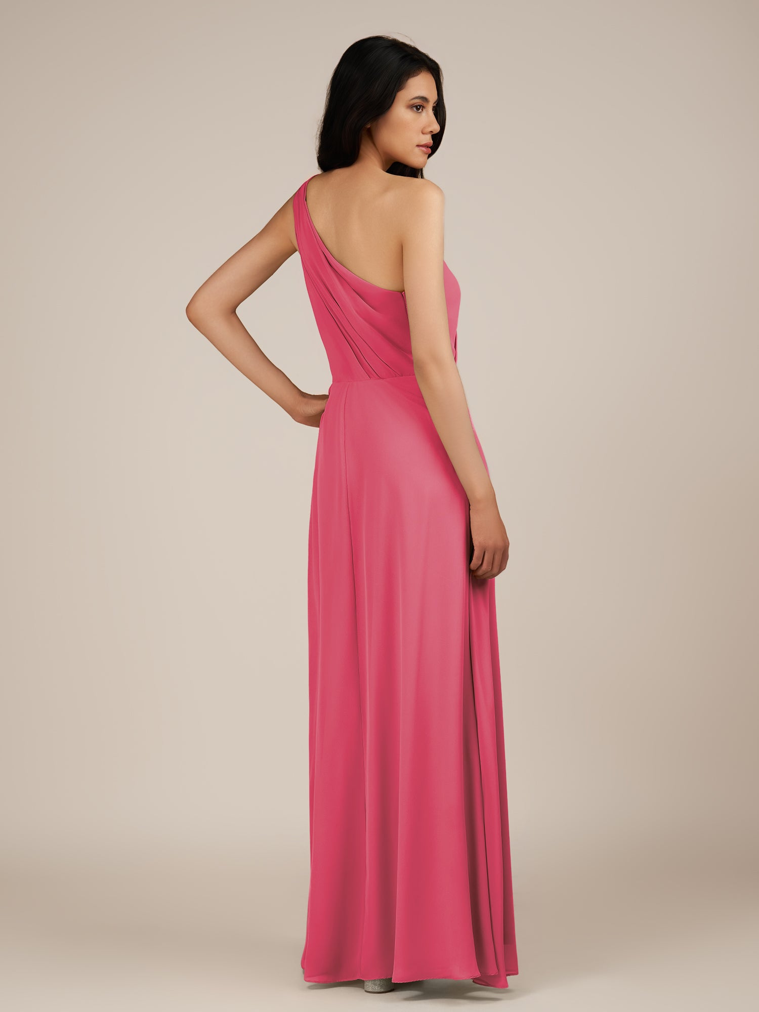 KissDress-Gaura Fuchsia A Line Chiffon One Shoulder Pleated Long Bridesmaid Dress with Slit