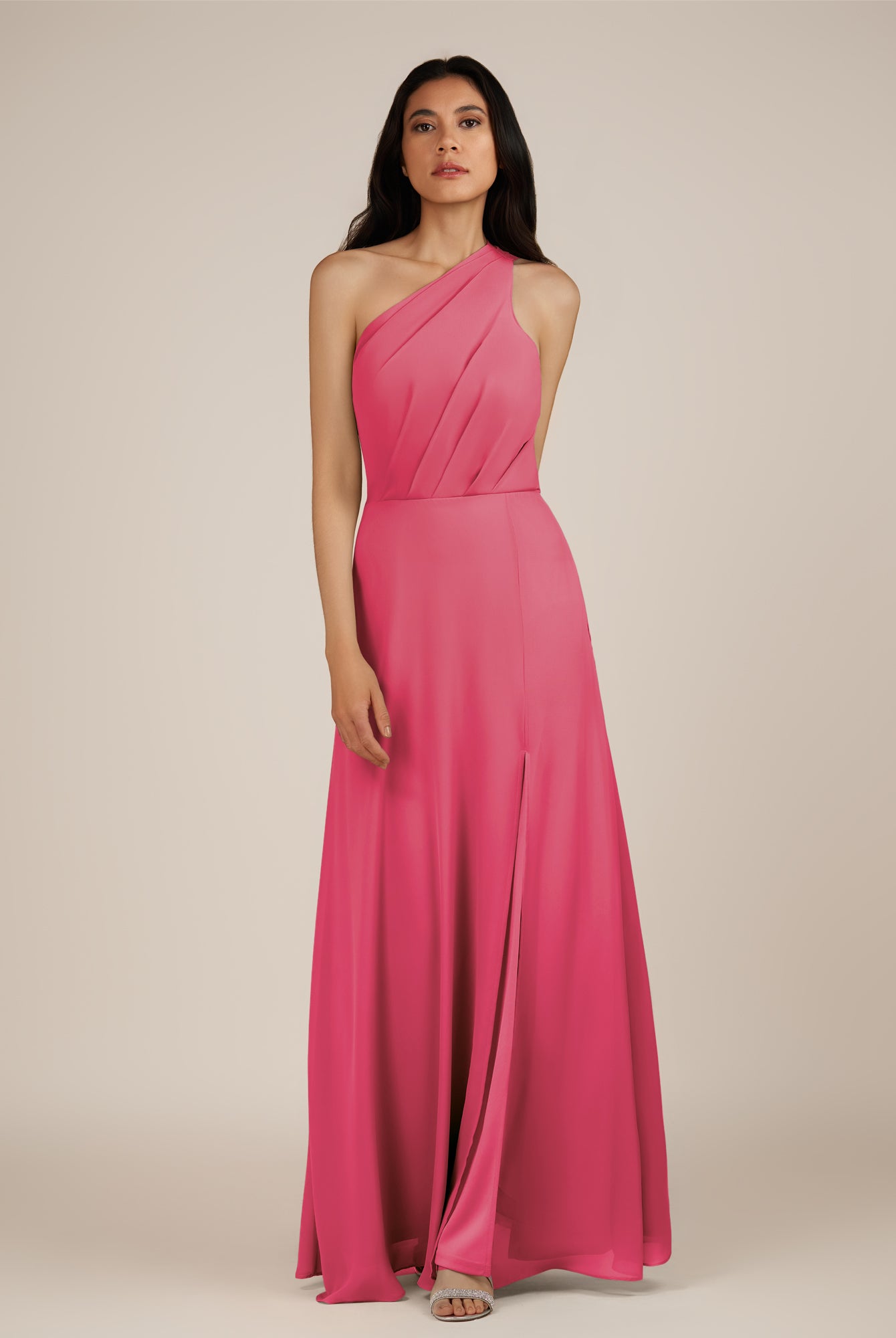 KissDress-Gaura Fuchsia A Line Chiffon One Shoulder Pleated Long Bridesmaid Dress with Slit