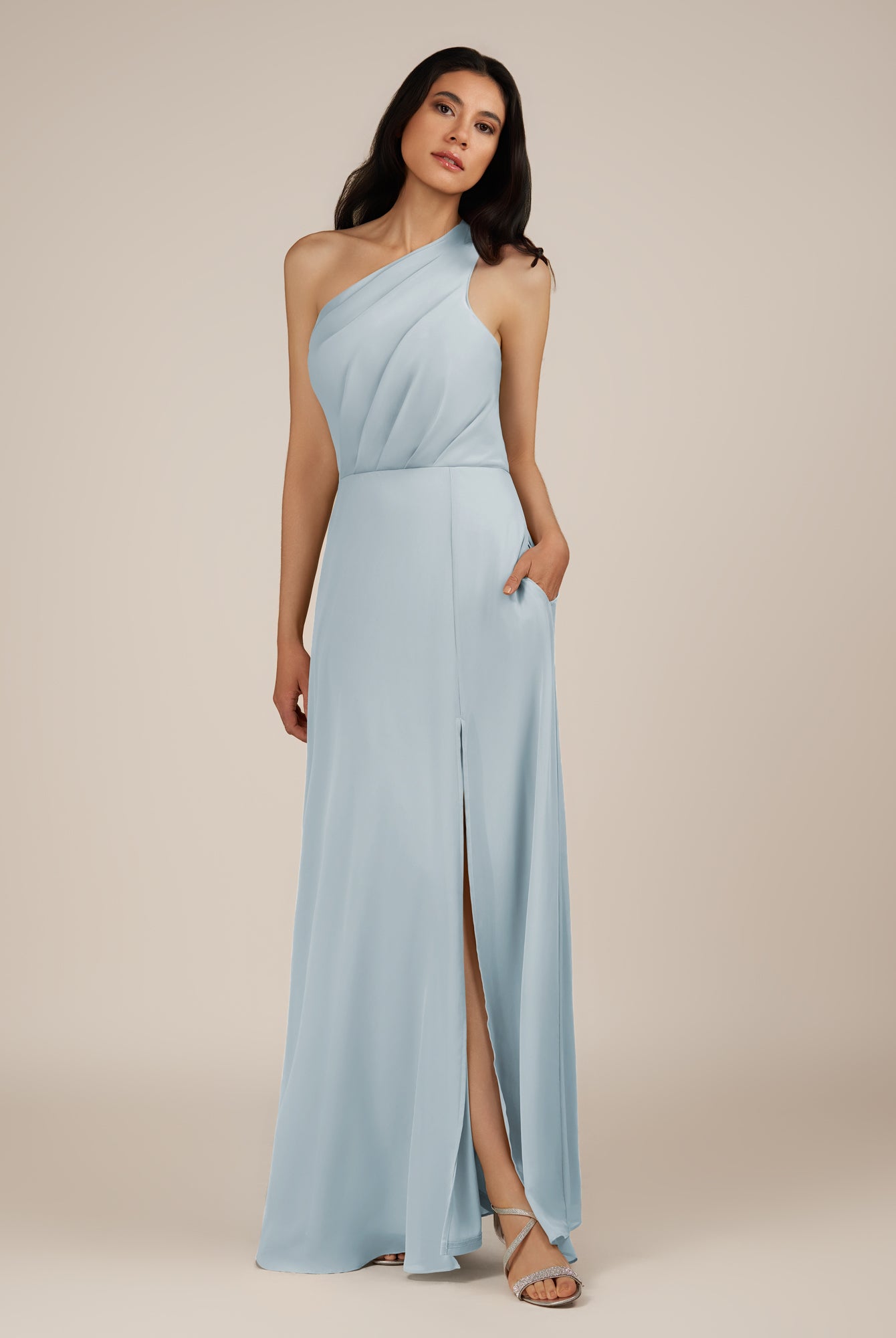 KissDress-Gaura Ice A Line Chiffon One Shoulder Pleated Long Bridesmaid Dress with Slit