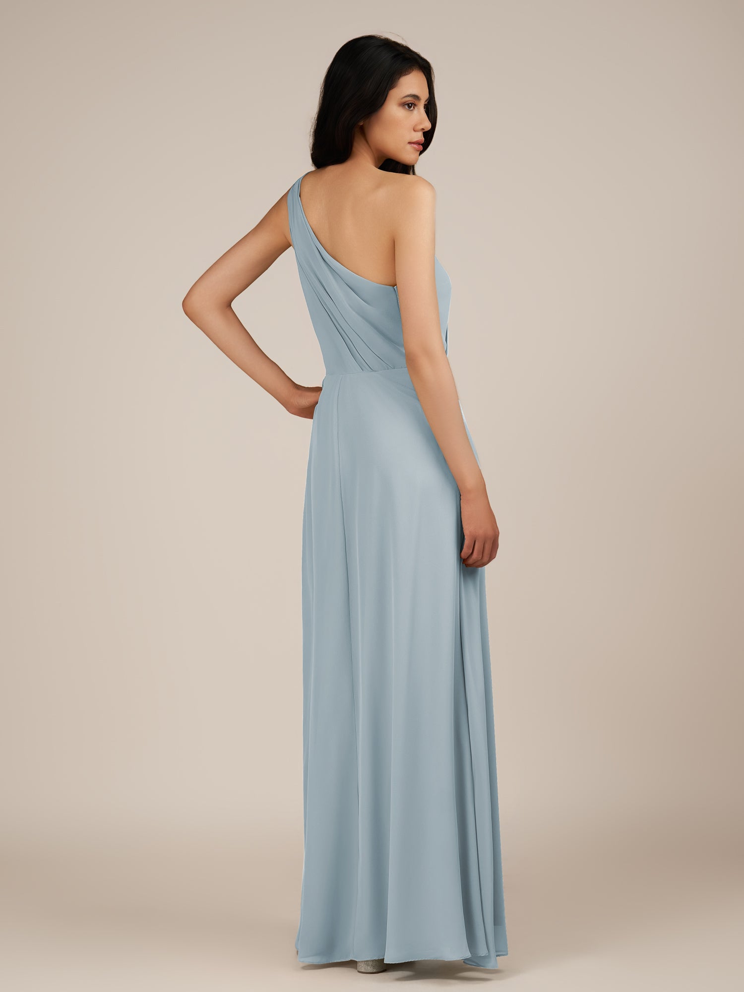 KissDress-Gaura Ice A Line Chiffon One Shoulder Pleated Long Bridesmaid Dress with Slit