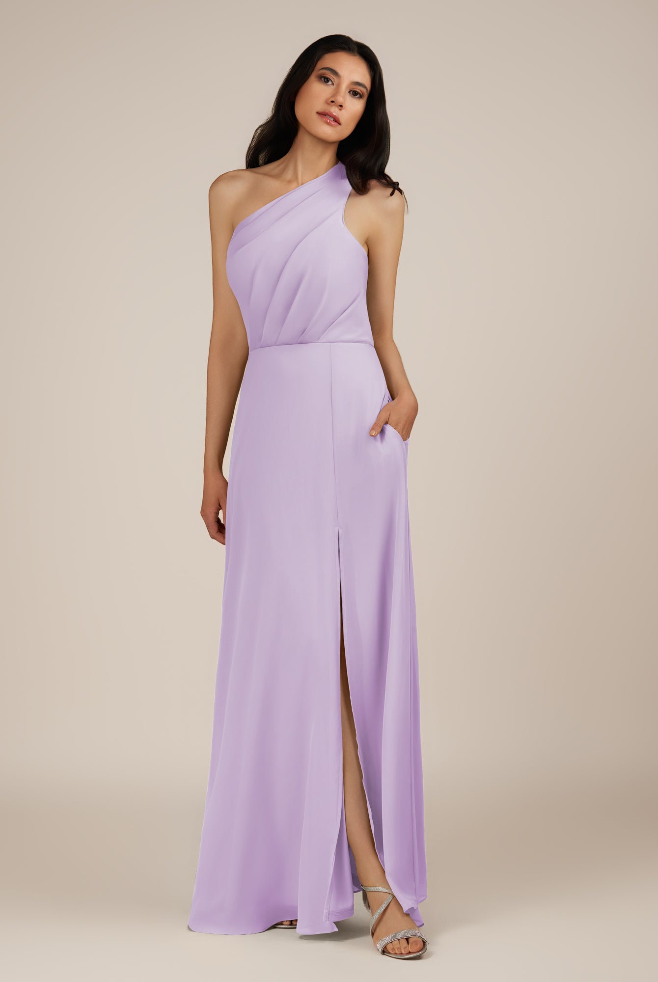 KissDress-Gaura Lavender A Line Chiffon One Shoulder Pleated Long Bridesmaid Dress with Slit