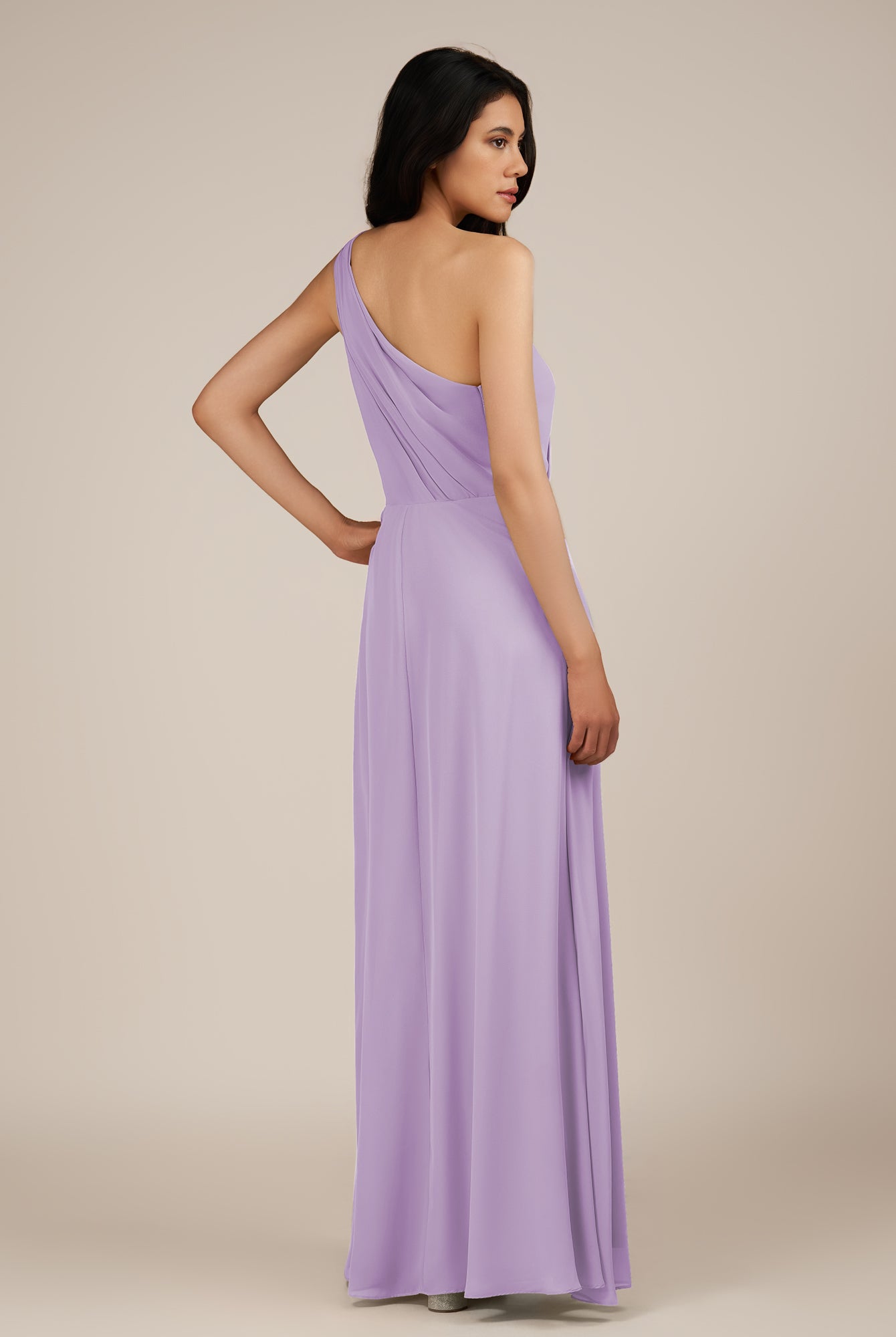 KissDress-Gaura Lavender A Line Chiffon One Shoulder Pleated Long Bridesmaid Dress with Slit