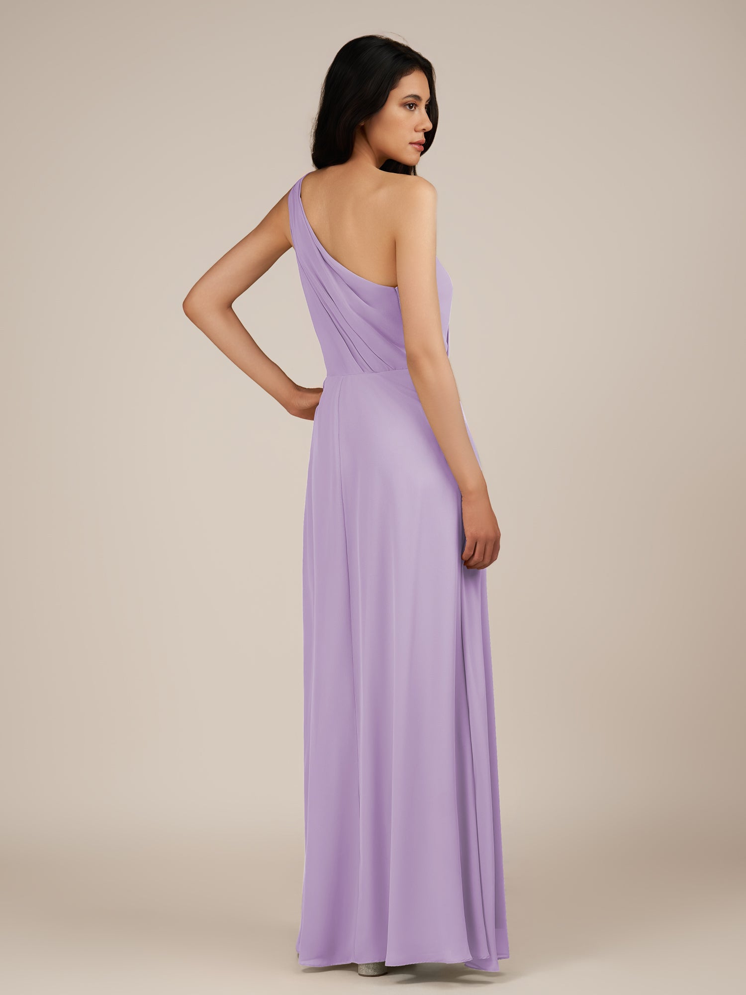 KissDress-Gaura Lavender A Line Chiffon One Shoulder Pleated Long Bridesmaid Dress with Slit