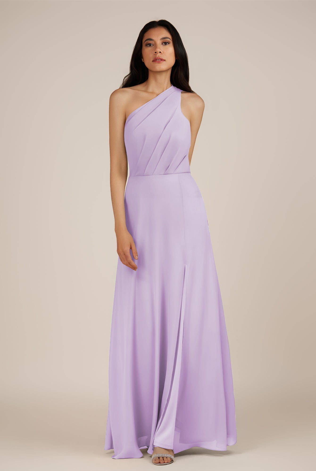 KissDress-Gaura Lavender A Line Chiffon One Shoulder Pleated Long Bridesmaid Dress with Slit